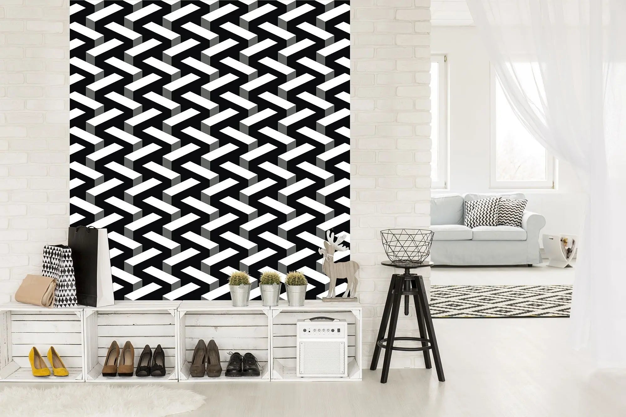 Billede 6 af Fototapet - Sort og hvidt geometrisk zigzag-mønster