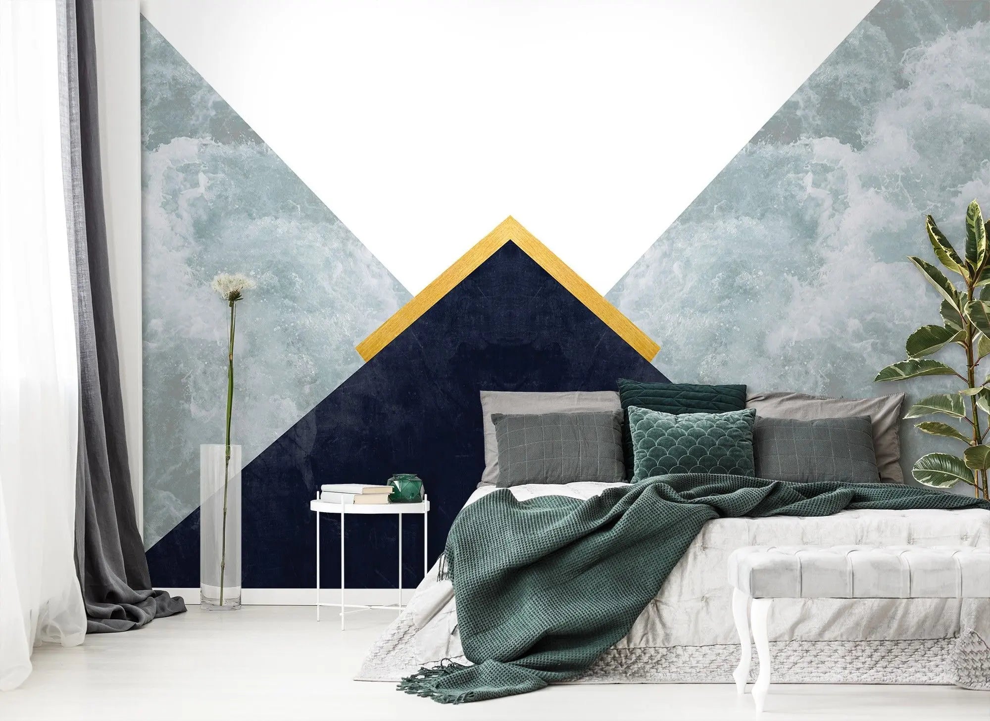 Billede 7 af Fototapet - Sort trekant med guldkant og blågrønne bølger