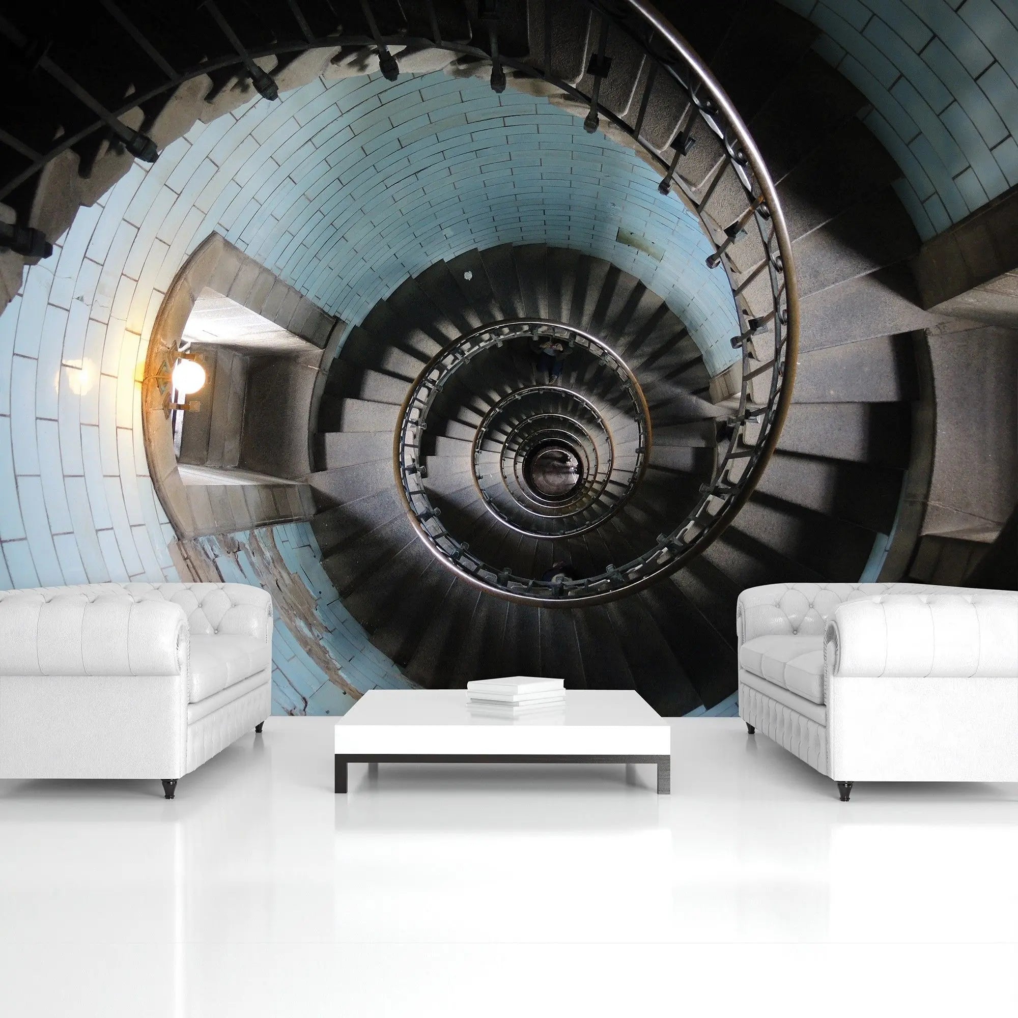 Billede 2 af Fototapet - Spiraltrappe i stentrapper med blå flisevæg