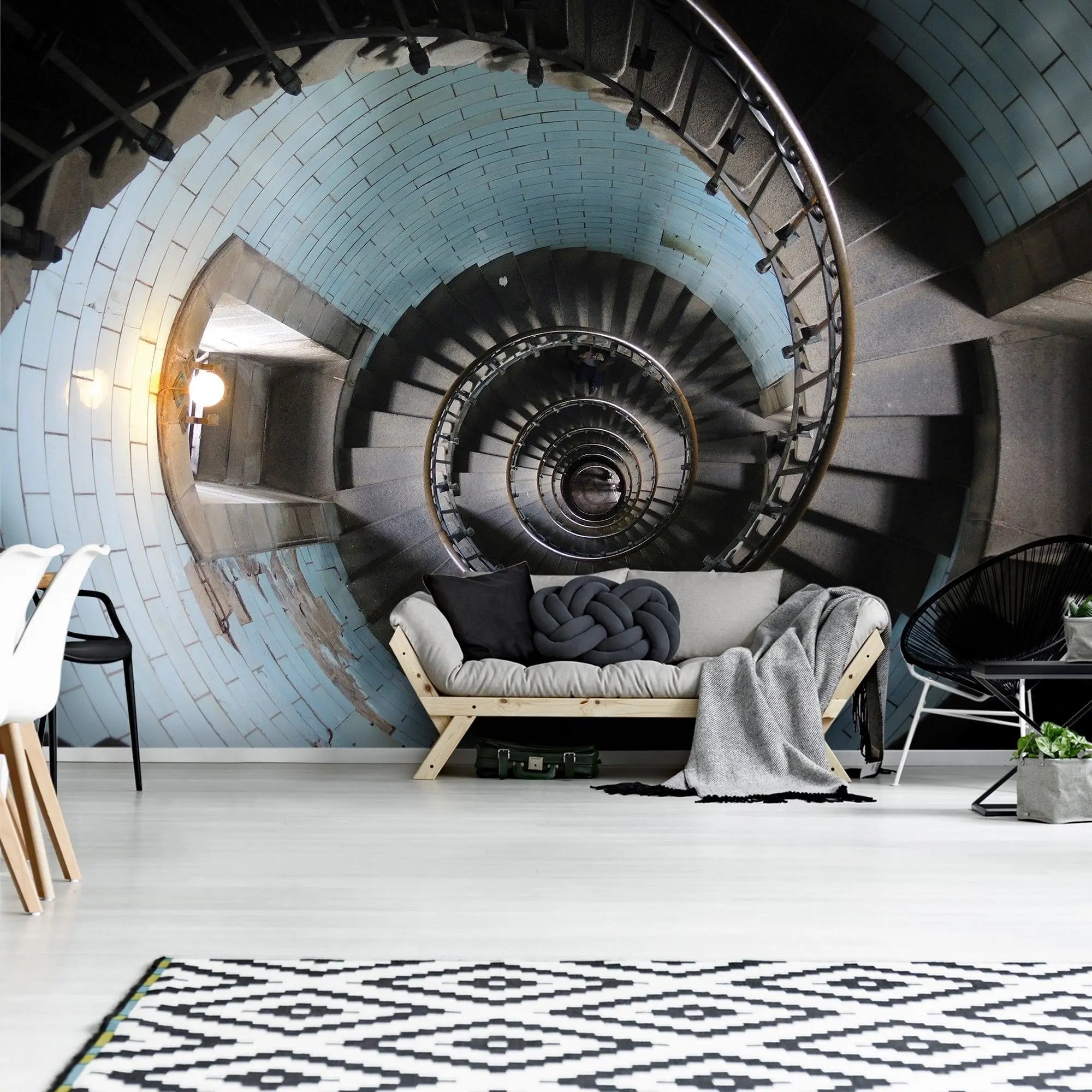 Billede 5 af Fototapet - Spiraltrappe i stentrapper med blå flisevæg