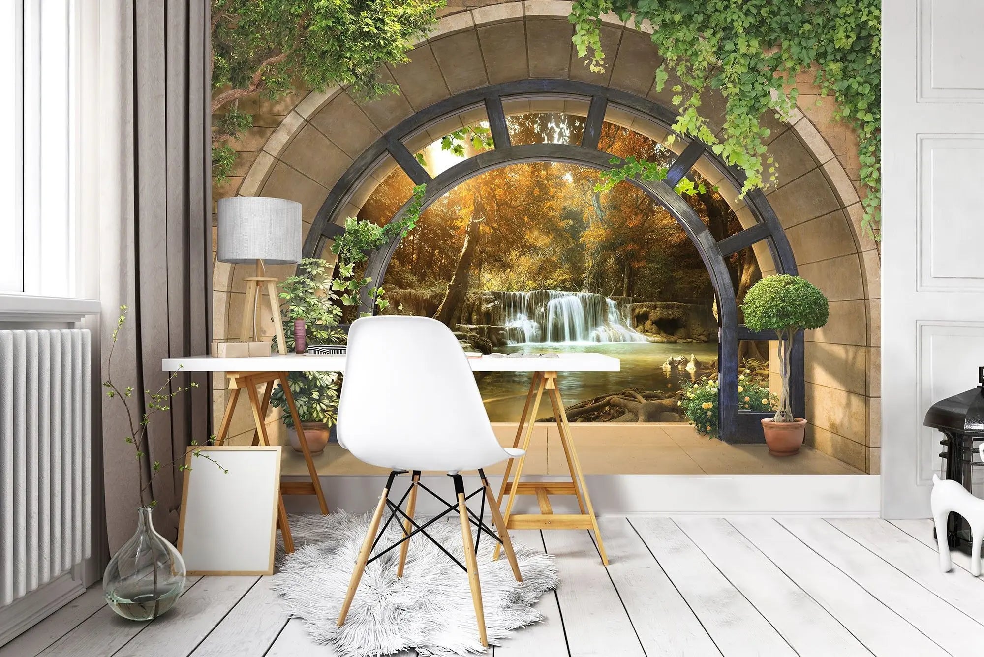 Billede 3 af Fototapet - Stenbue med grønne planter foran vandfald