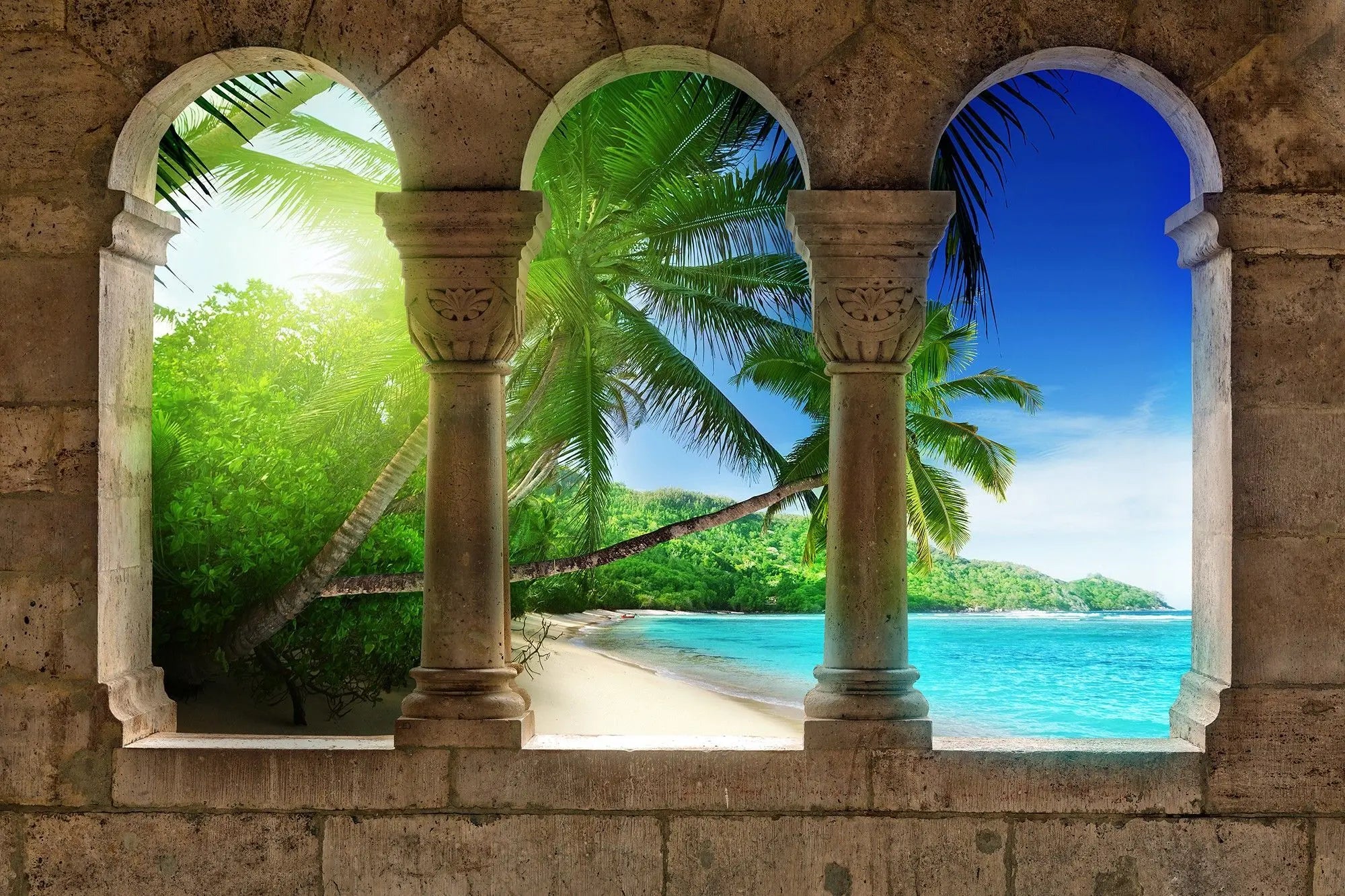 Billede 1 af Fototapet - Stenbuer med udsigt til tropisk strand og palmer