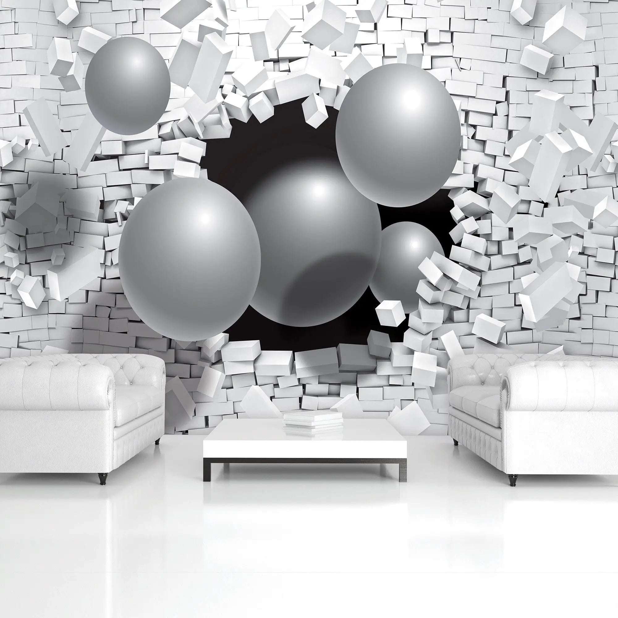 Billede 3 af Fototapet - Store grå kugler bryder gennem hvid murstensvæg