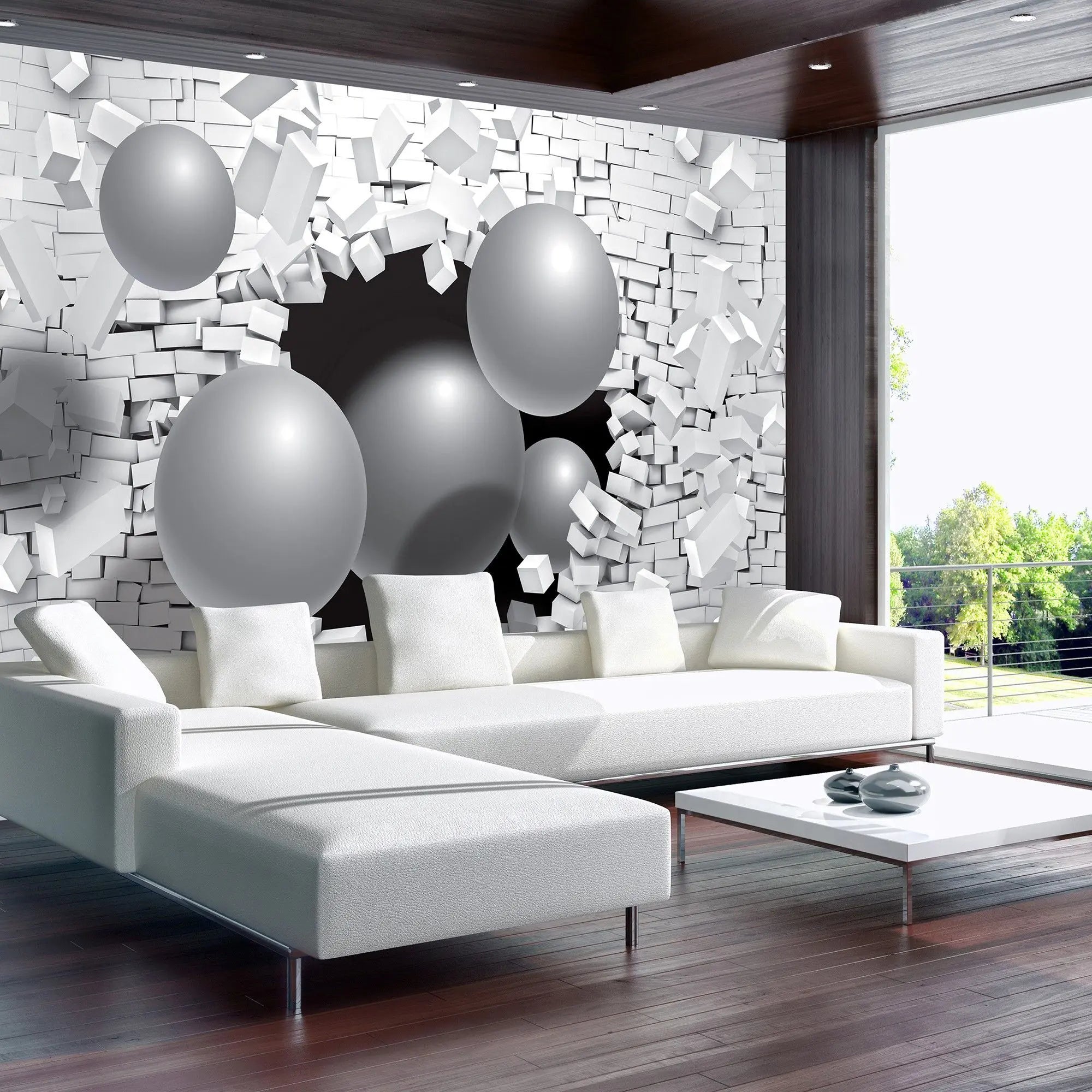 Billede 4 af Fototapet - Store grå kugler bryder gennem hvid murstensvæg