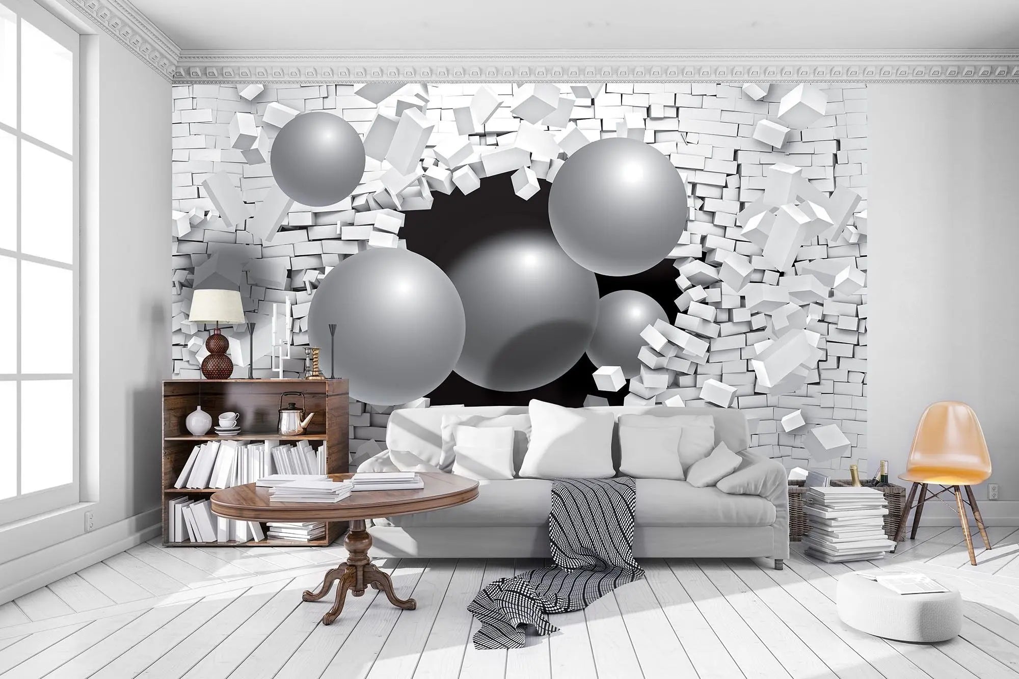 Billede 5 af Fototapet - Store grå kugler bryder gennem hvid murstensvæg