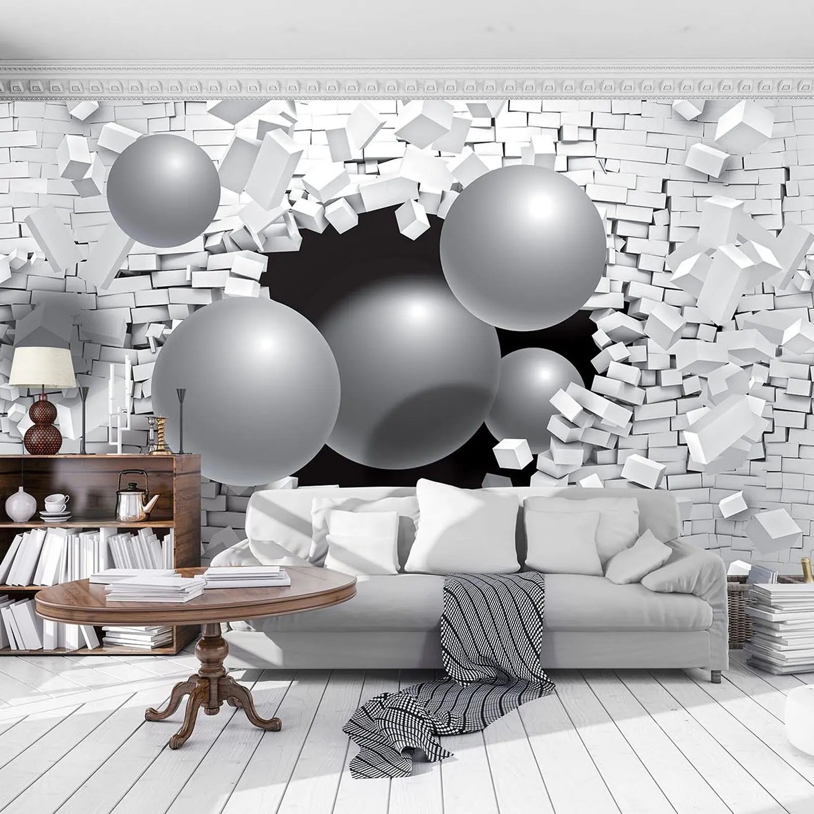 Billede 6 af Fototapet - Store grå kugler bryder gennem hvid murstensvæg