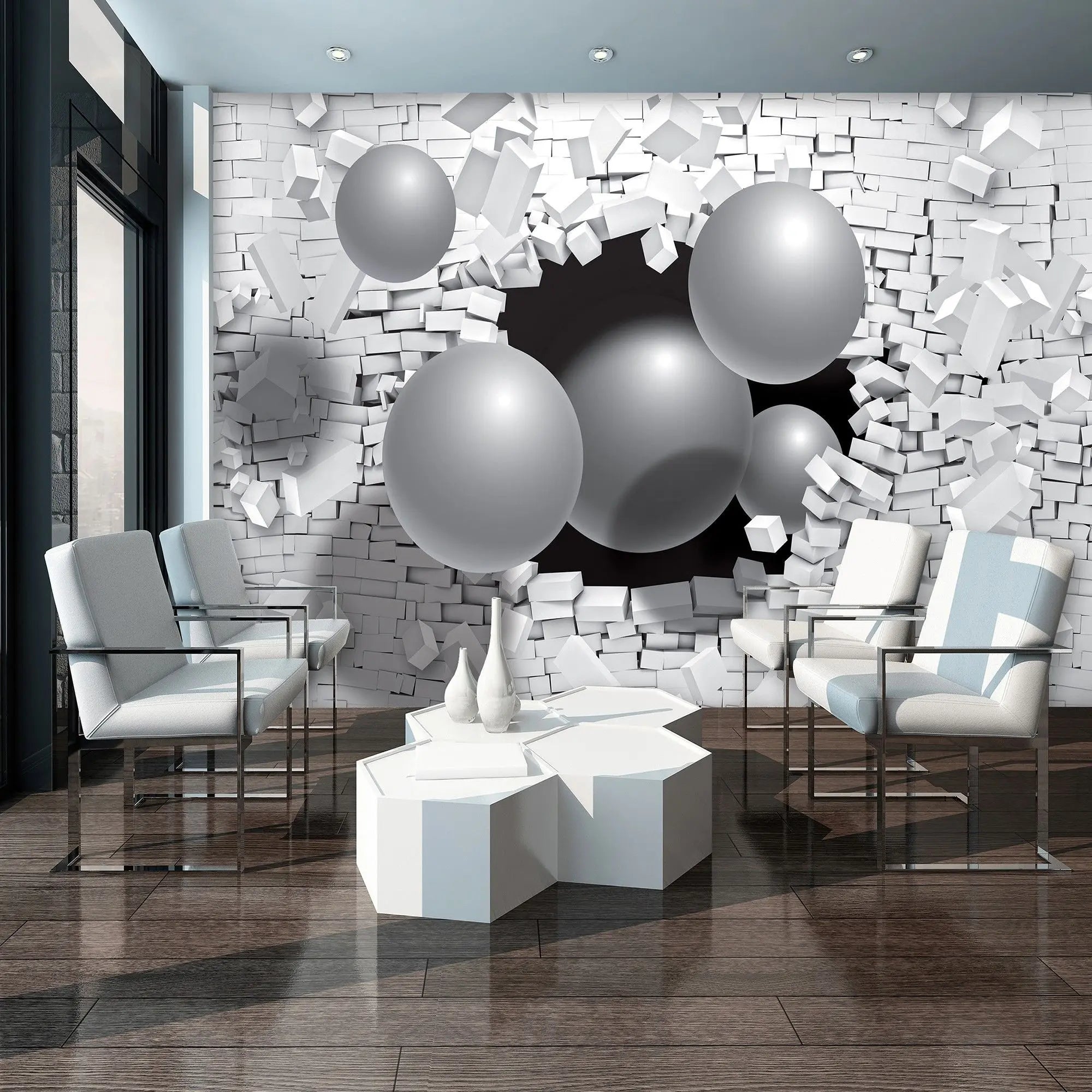 Billede 7 af Fototapet - Store grå kugler bryder gennem hvid murstensvæg