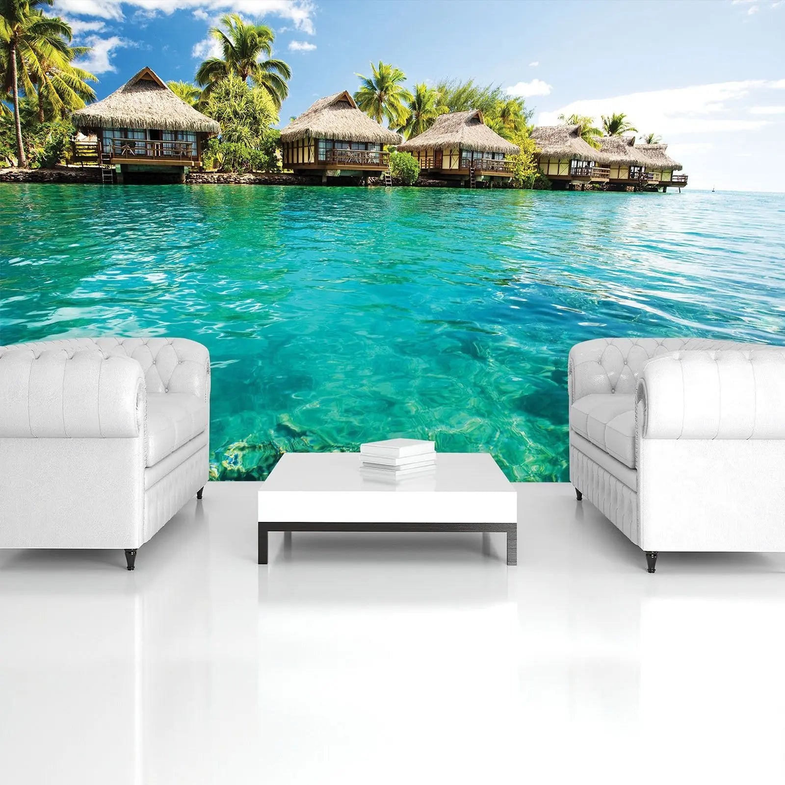 Billede 6 af Fototapet - Stråhytter på pæle over turkisblåt hav med palmer