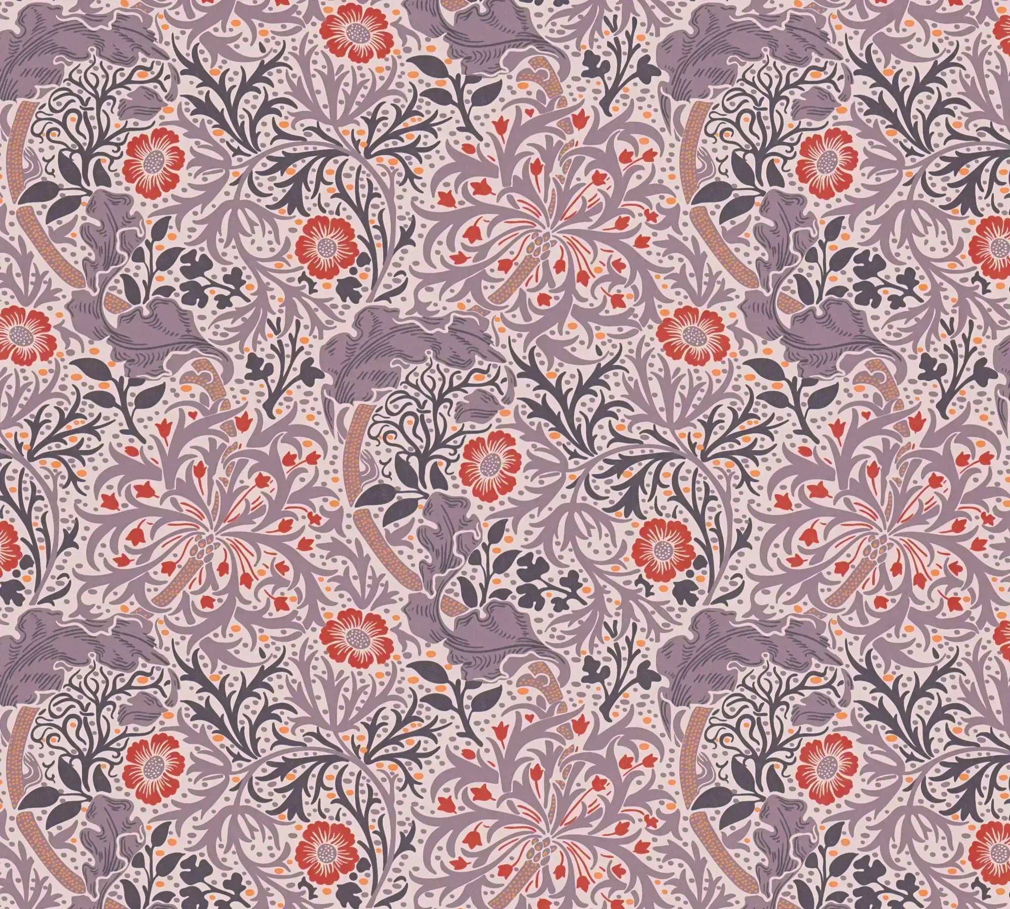 Symphony of Eve - Lavender tapet med komplekst mønster af lilla og orange blomster på en lys baggrund.