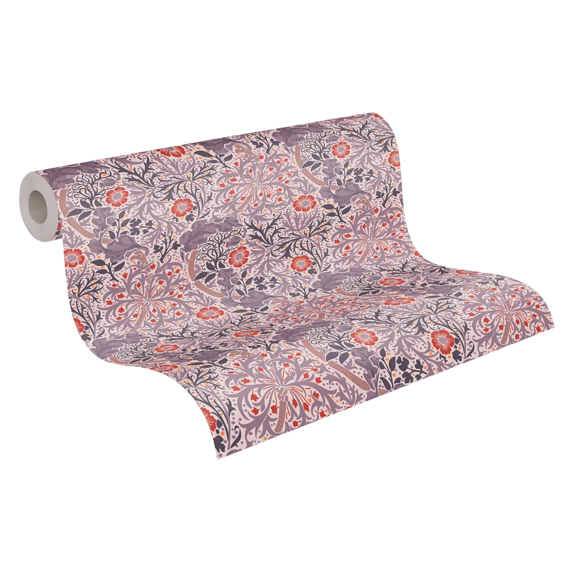 Symphony of Eve - Lavender tapetrulle med et mønster af lilla og orange blomster, rullet ud og klar til brug.