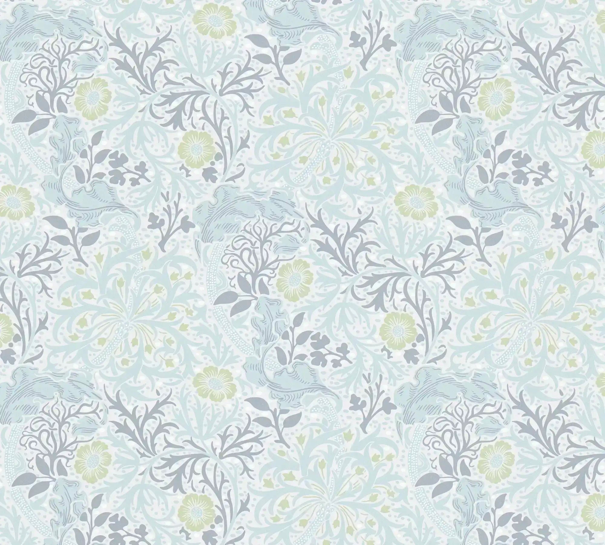 Mønstret tapetdesign fra Symphony of Eve - Mist med botaniske motiver i grå og grønne nuancer.