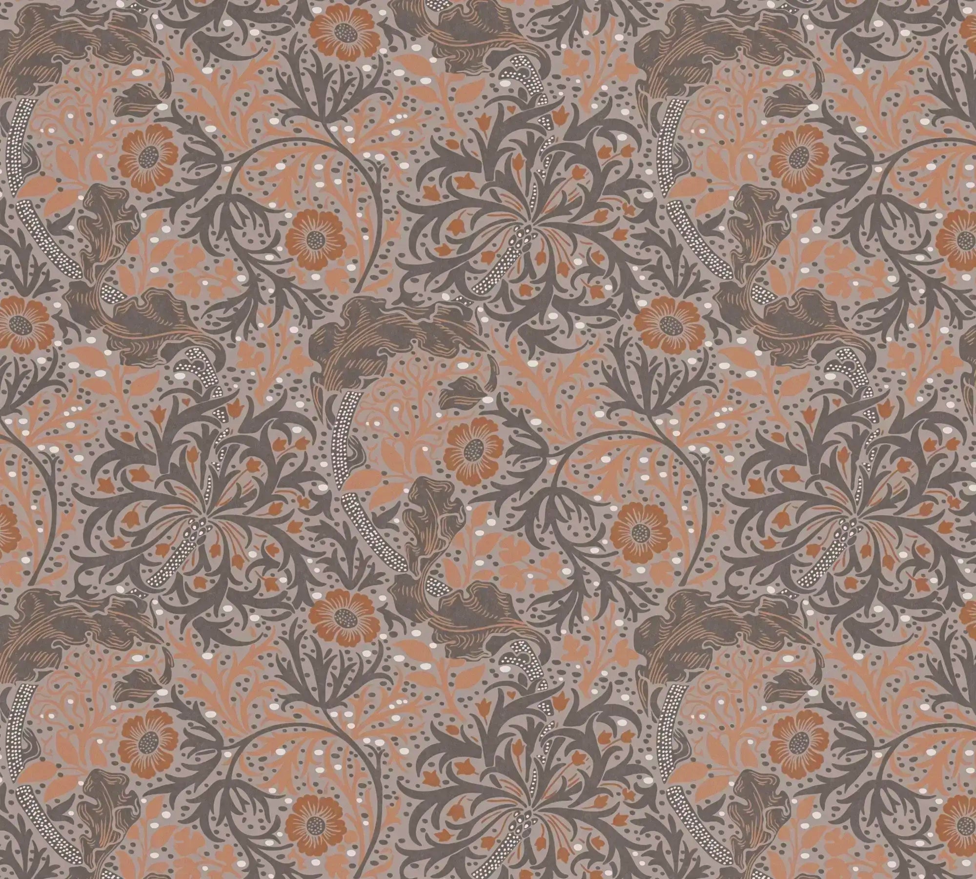 Detaljeret nærbillede af Symphony of Eve - Sepia tapet, der viser et intrikat mønster med blomster og blader i sepia toner.