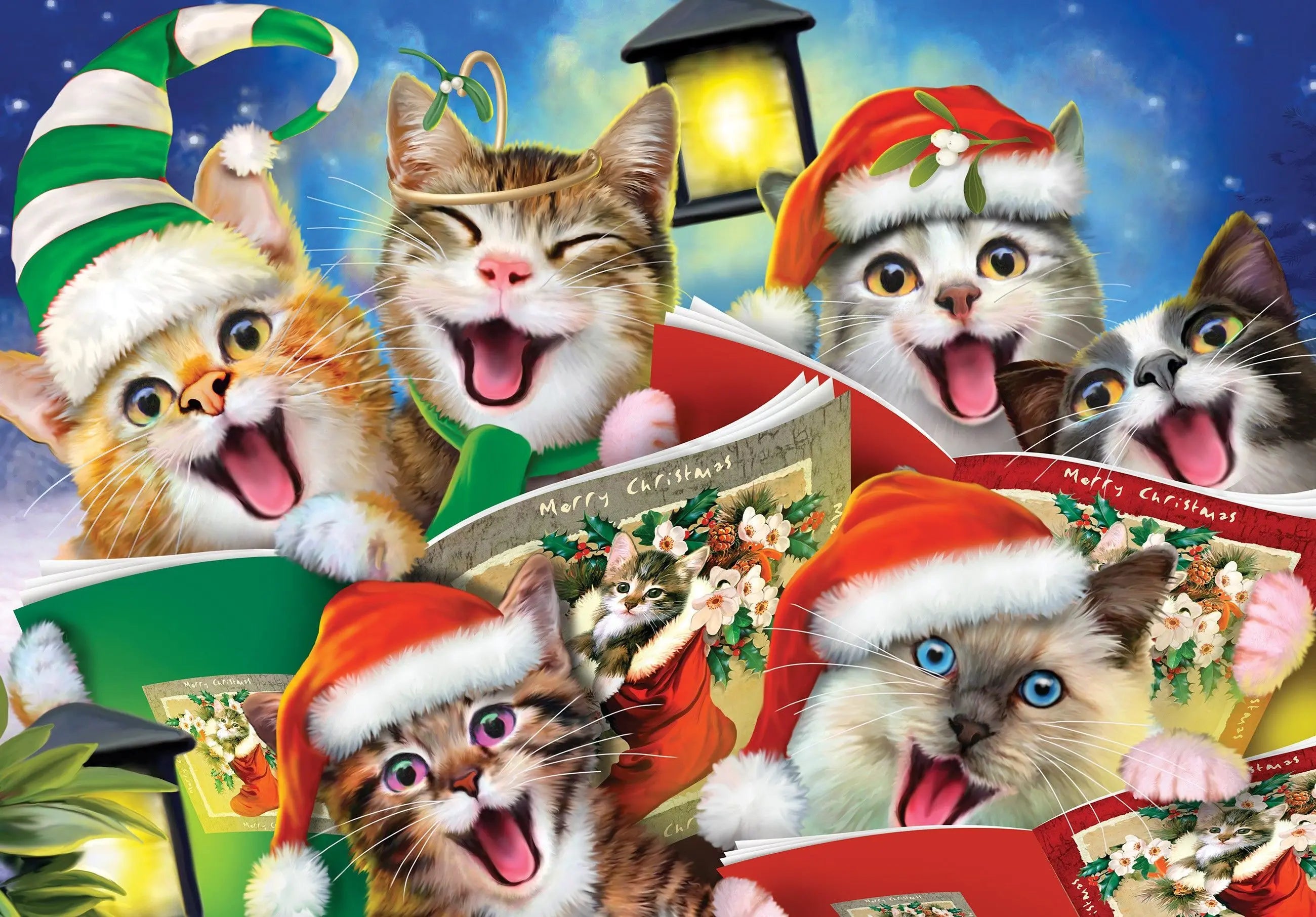 Billede 8 af Fototapet - Syngende katte med nissehuer og julekort foran lanterne