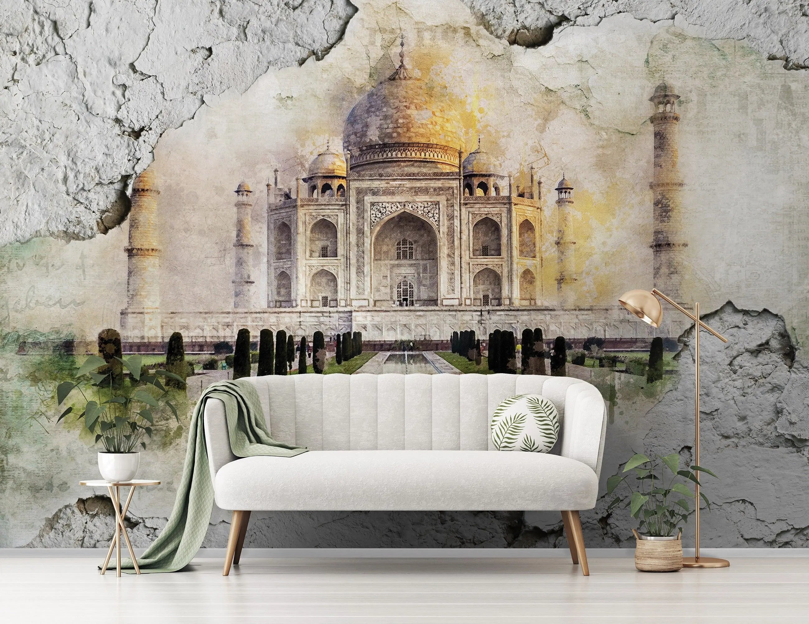 Billede 10 af Fototapet - Taj Mahal sæt bag krakeleret væg