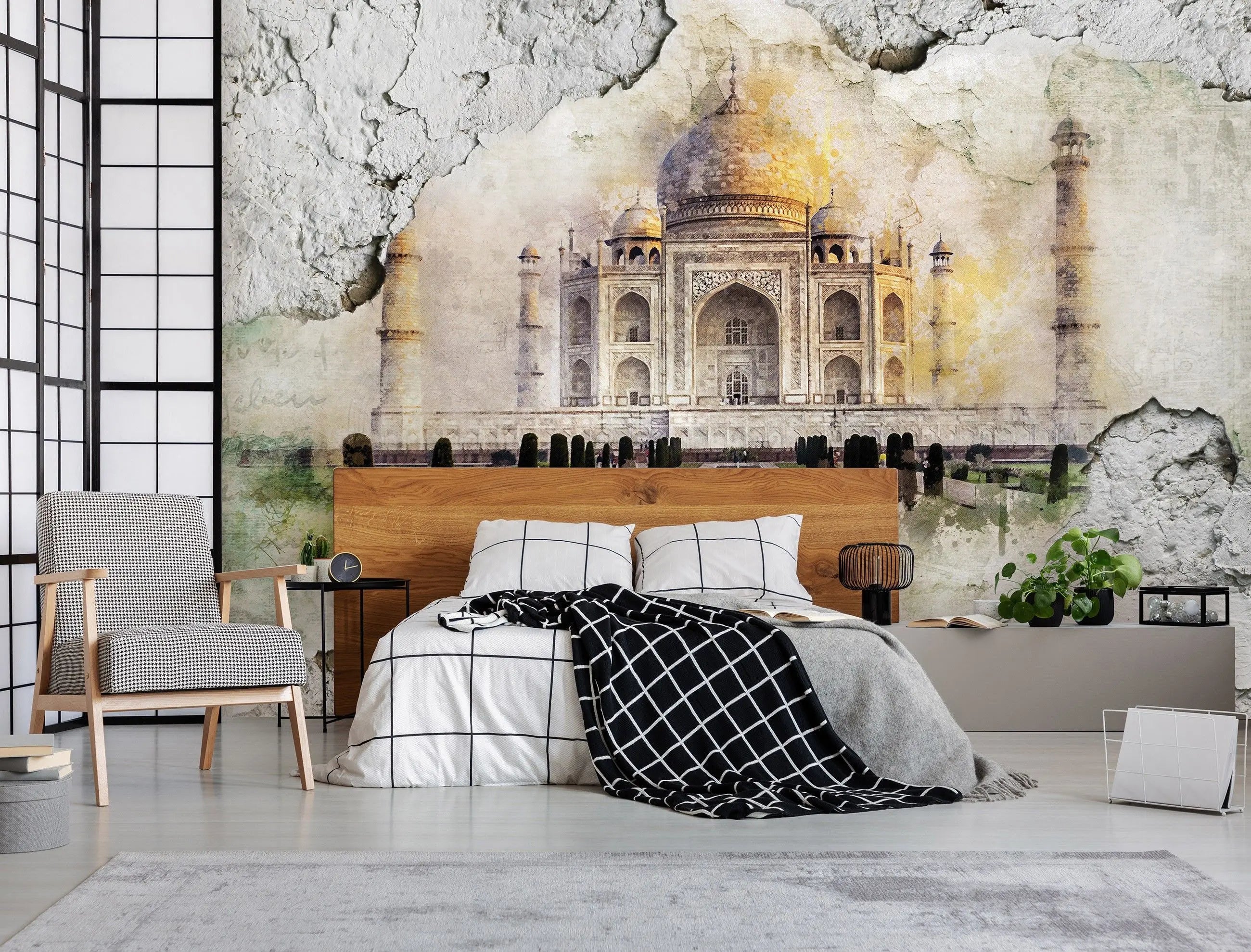 Billede 11 af Fototapet - Taj Mahal sæt bag krakeleret væg