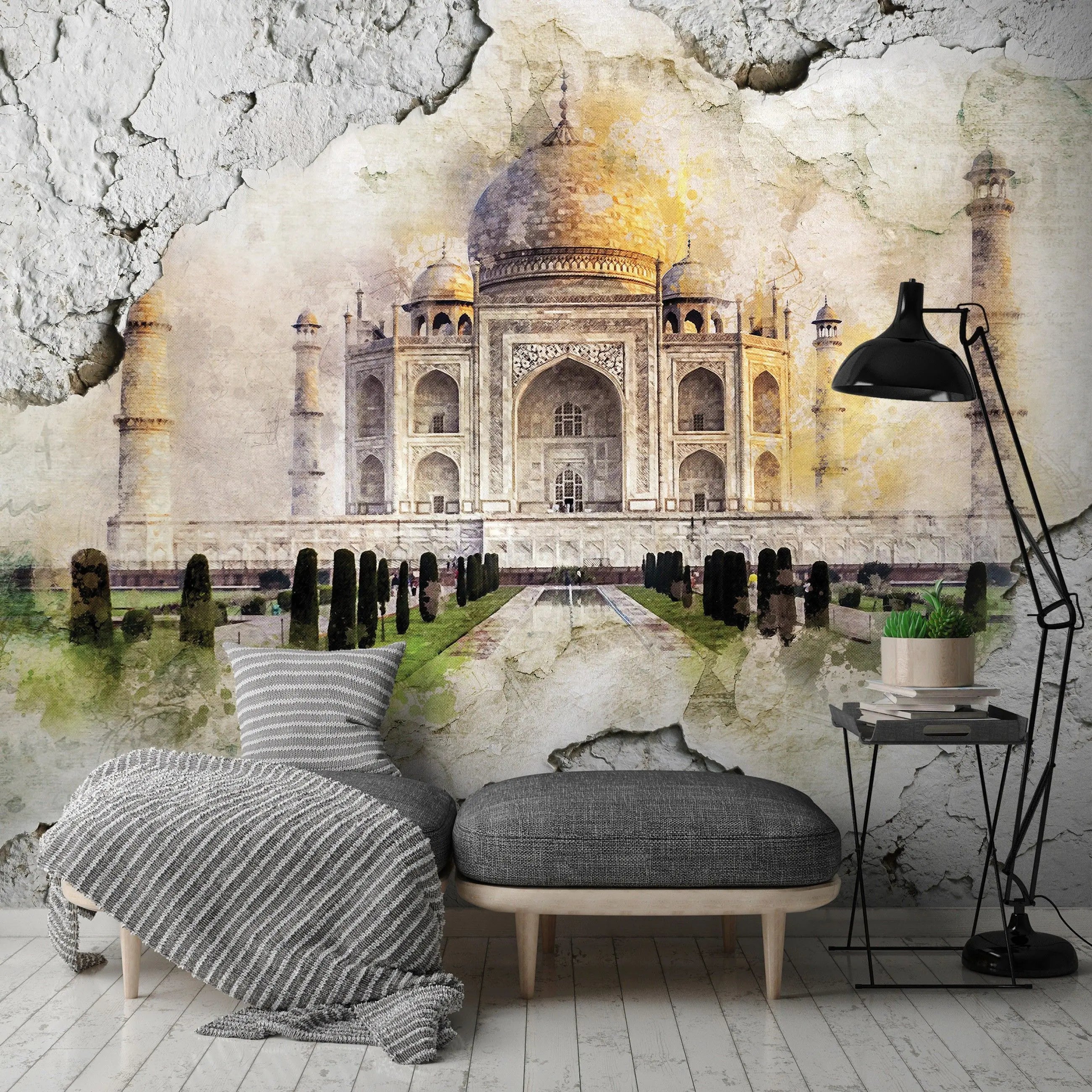 Billede 12 af Fototapet - Taj Mahal sæt bag krakeleret væg