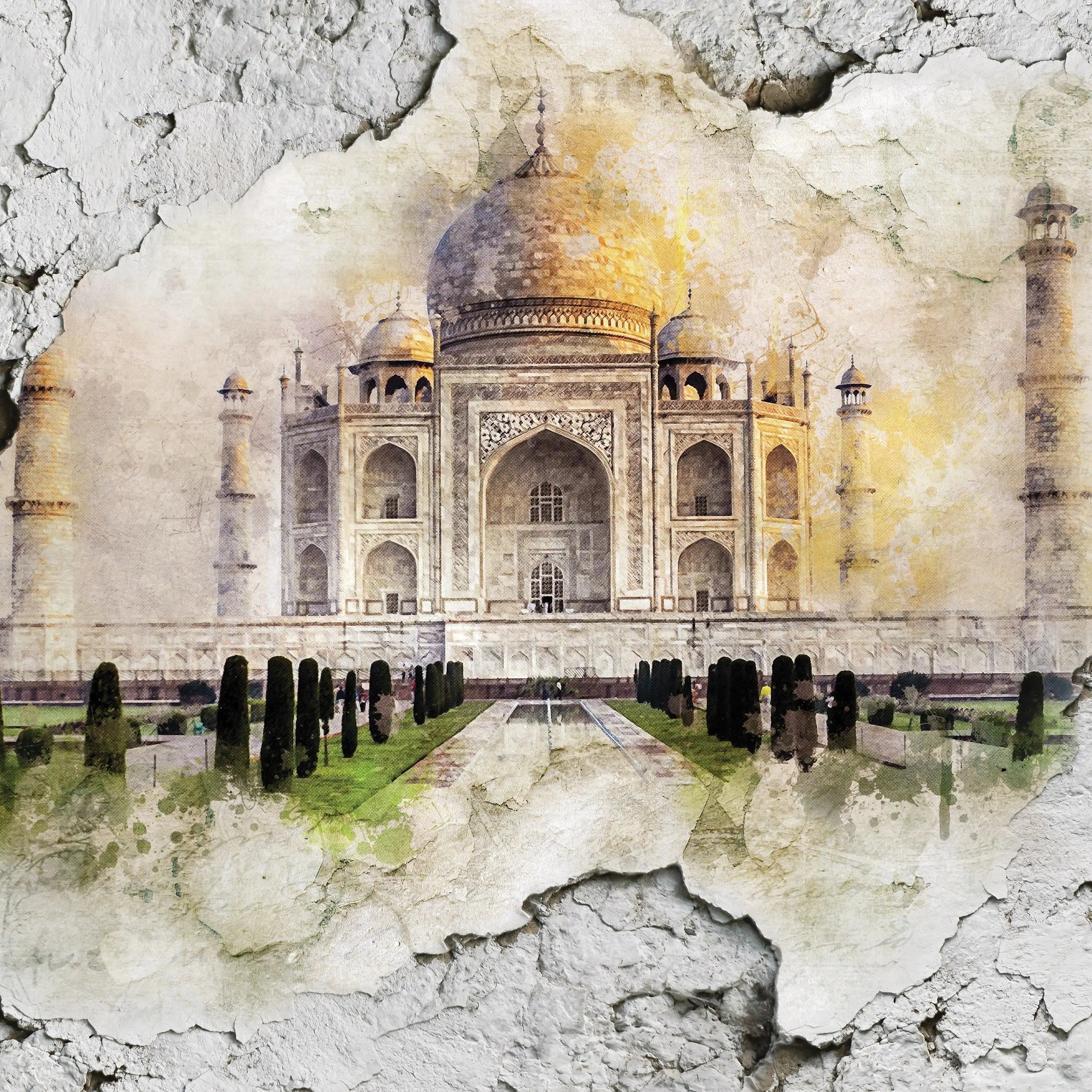 Billede 13 af Fototapet - Taj Mahal sæt bag krakeleret væg