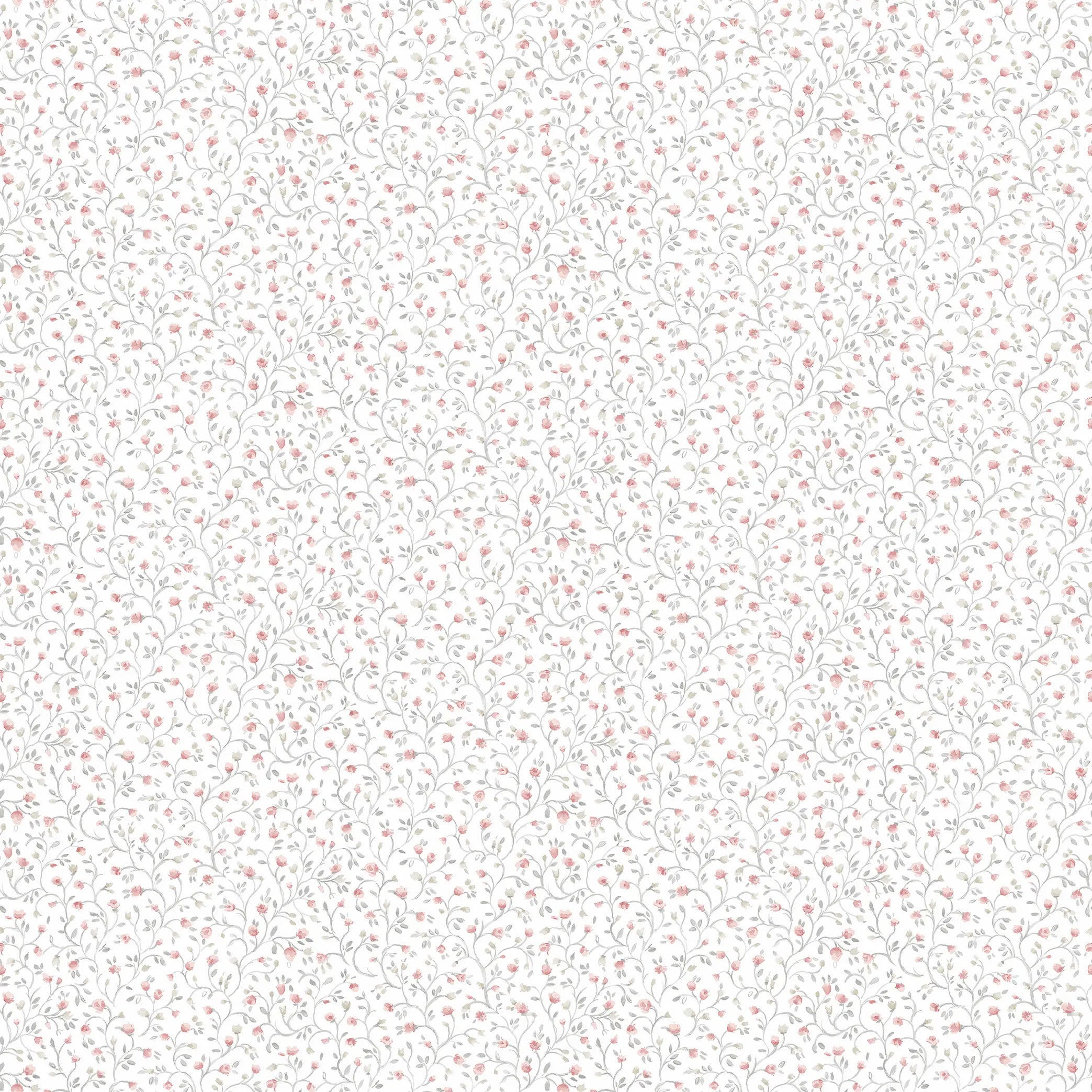 Detaljeret billede af tapetet Whimsical Vines - Delicate Coral, der viser et delikat mønster af koralfarvede vinstokke og små blomster på en lys baggrund.