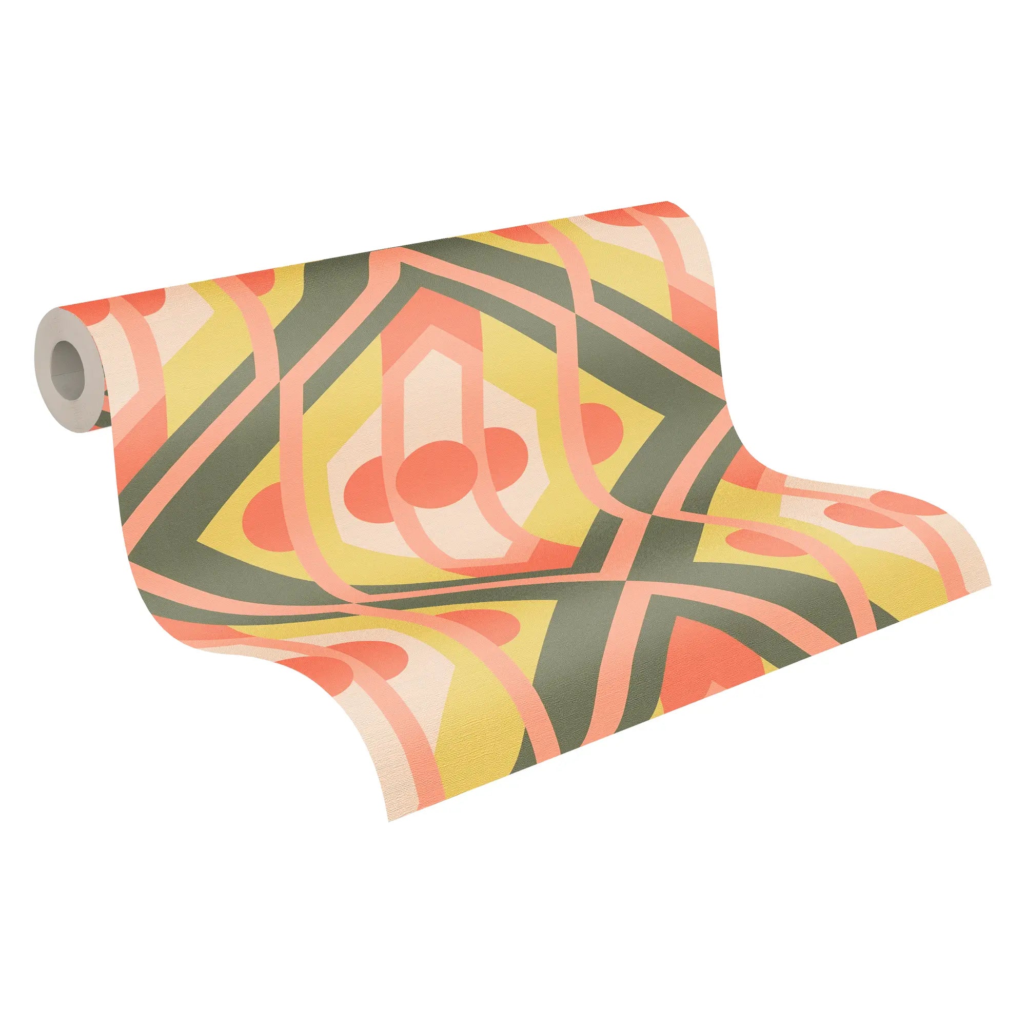 Rulle af Margaret - Coral Meadow tapet med geometrisk mønster i koral, gul og grøn.