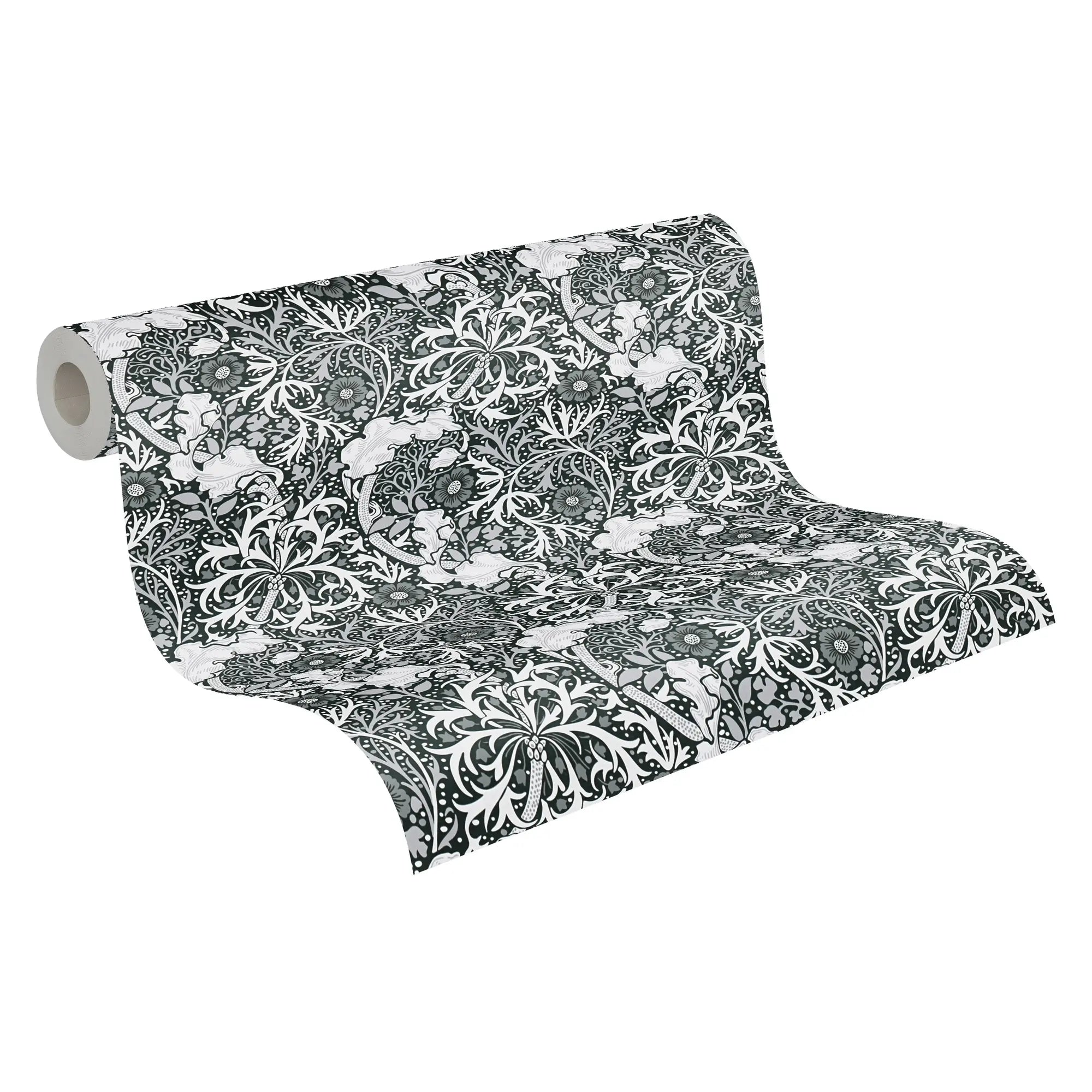 Tapetrulle der viser det smukke, indviklede mønster af Symphony of Eve - Charcoal med blomstermotiver i grå og hvide nuancer.