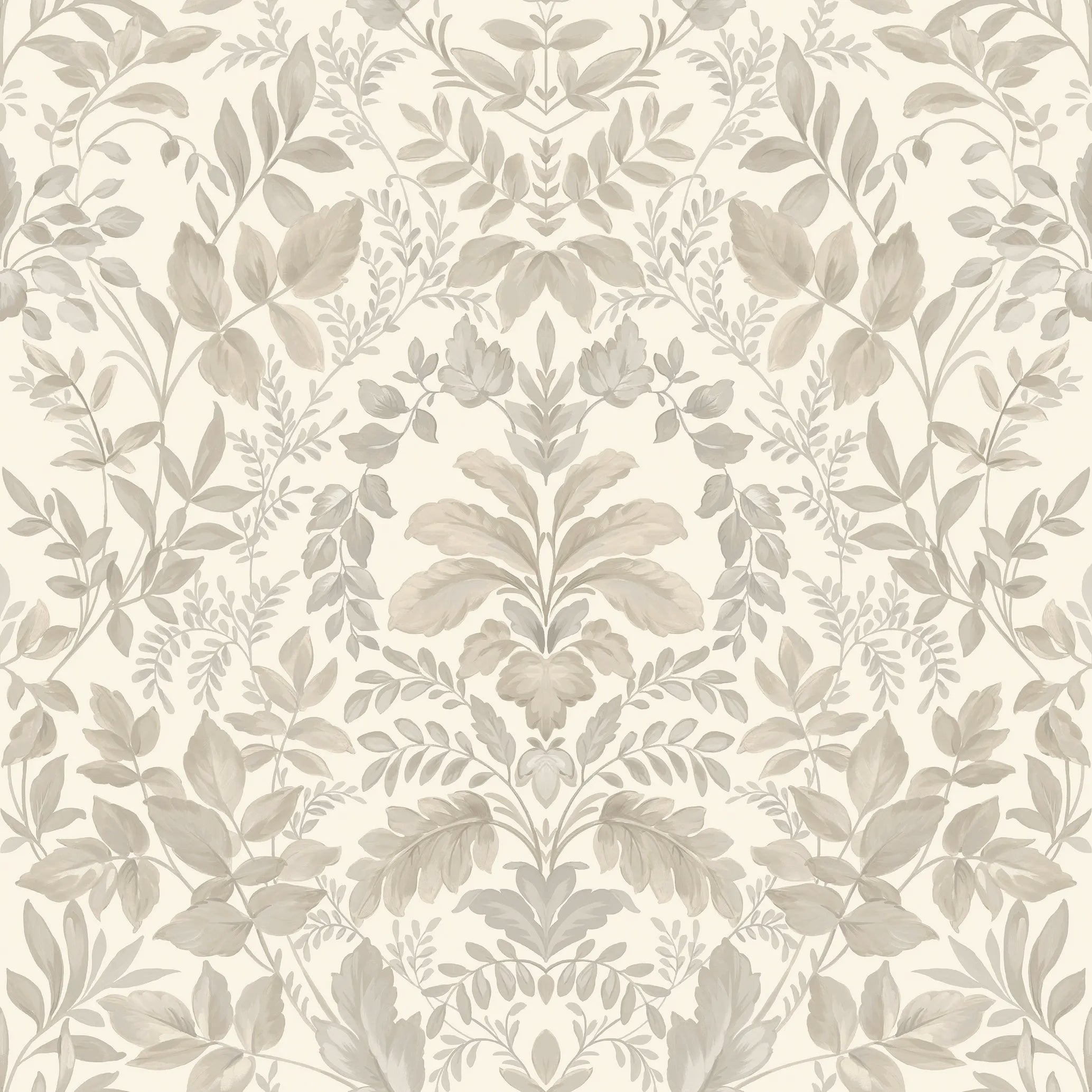 Nærbillede af Tavira - Beige tapetmønster med bladmønster i beige nuancer.