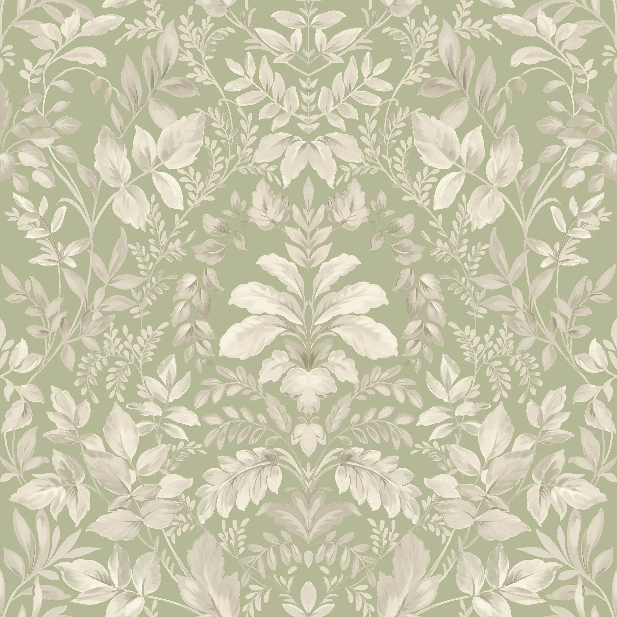 Tavira - Sage tapet i detalje, der viser et symmetrisk blomstermønster på en grøn baggrund.