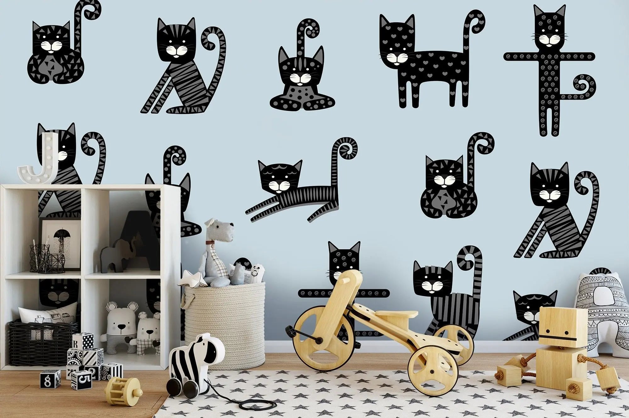 Billede 4 af Fototapet - Tegnefilm Sorte Katte i Mønster på Blå Baggrund