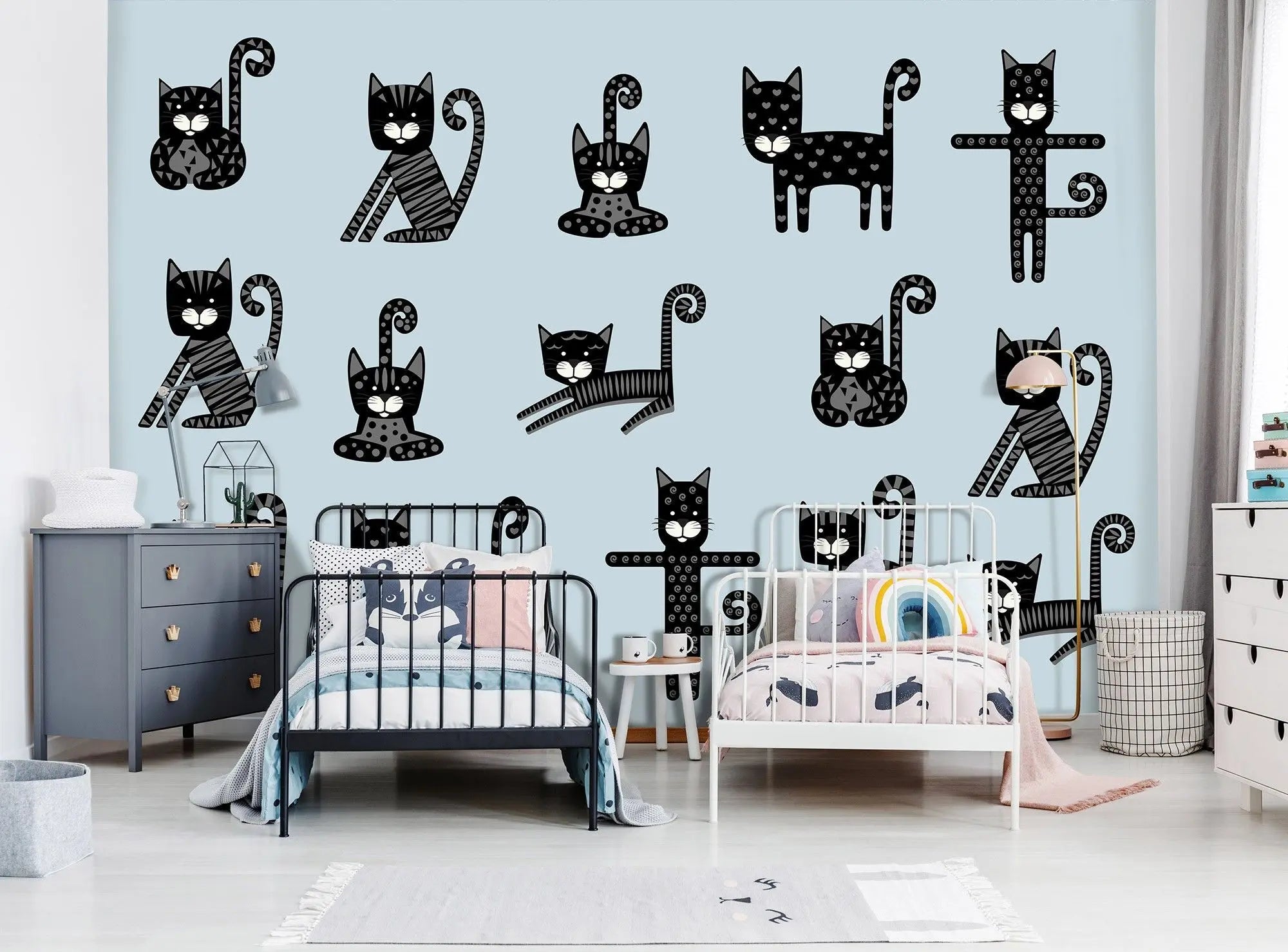 Billede 5 af Fototapet - Tegnefilm Sorte Katte i Mønster på Blå Baggrund