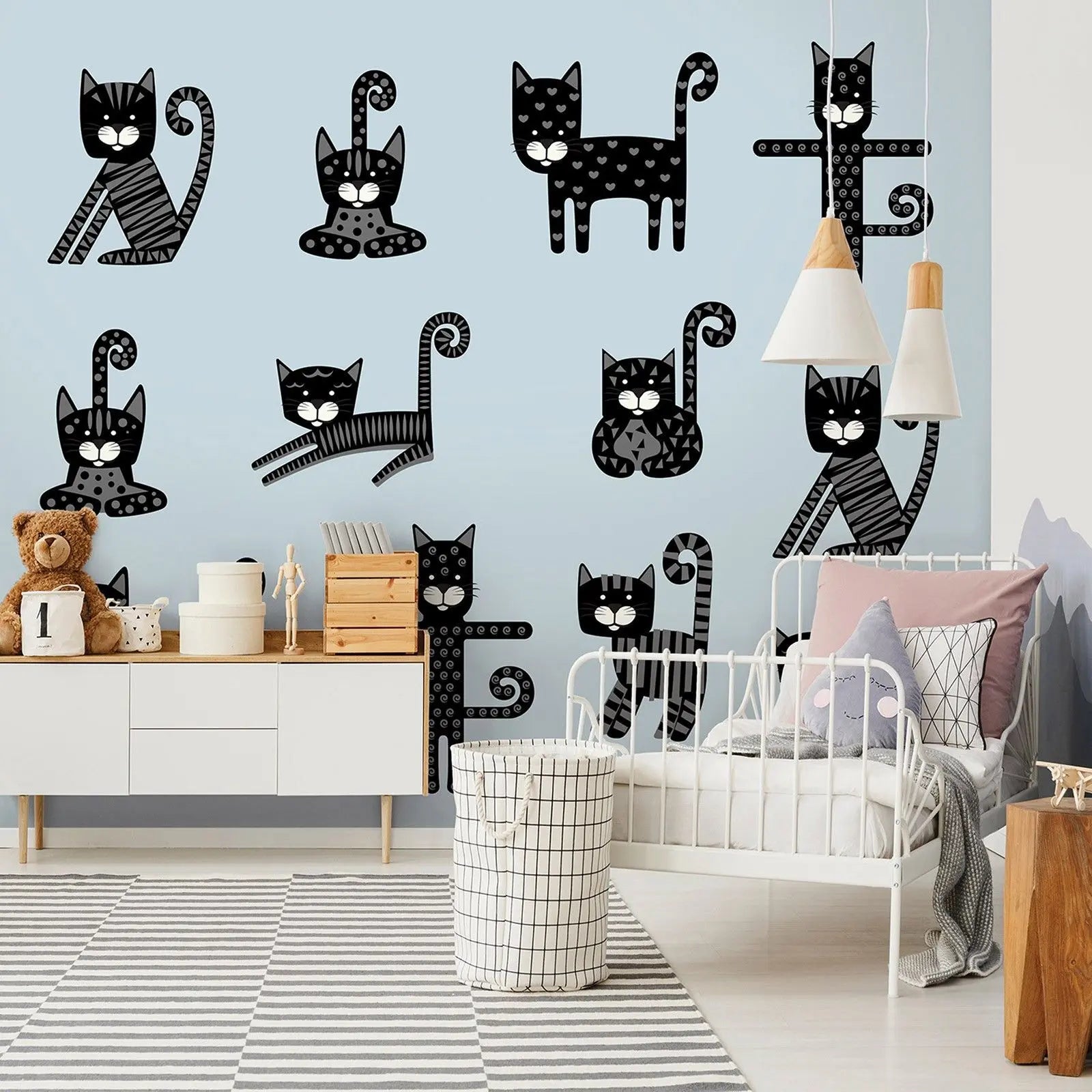 Billede 6 af Fototapet - Tegnefilm Sorte Katte i Mønster på Blå Baggrund