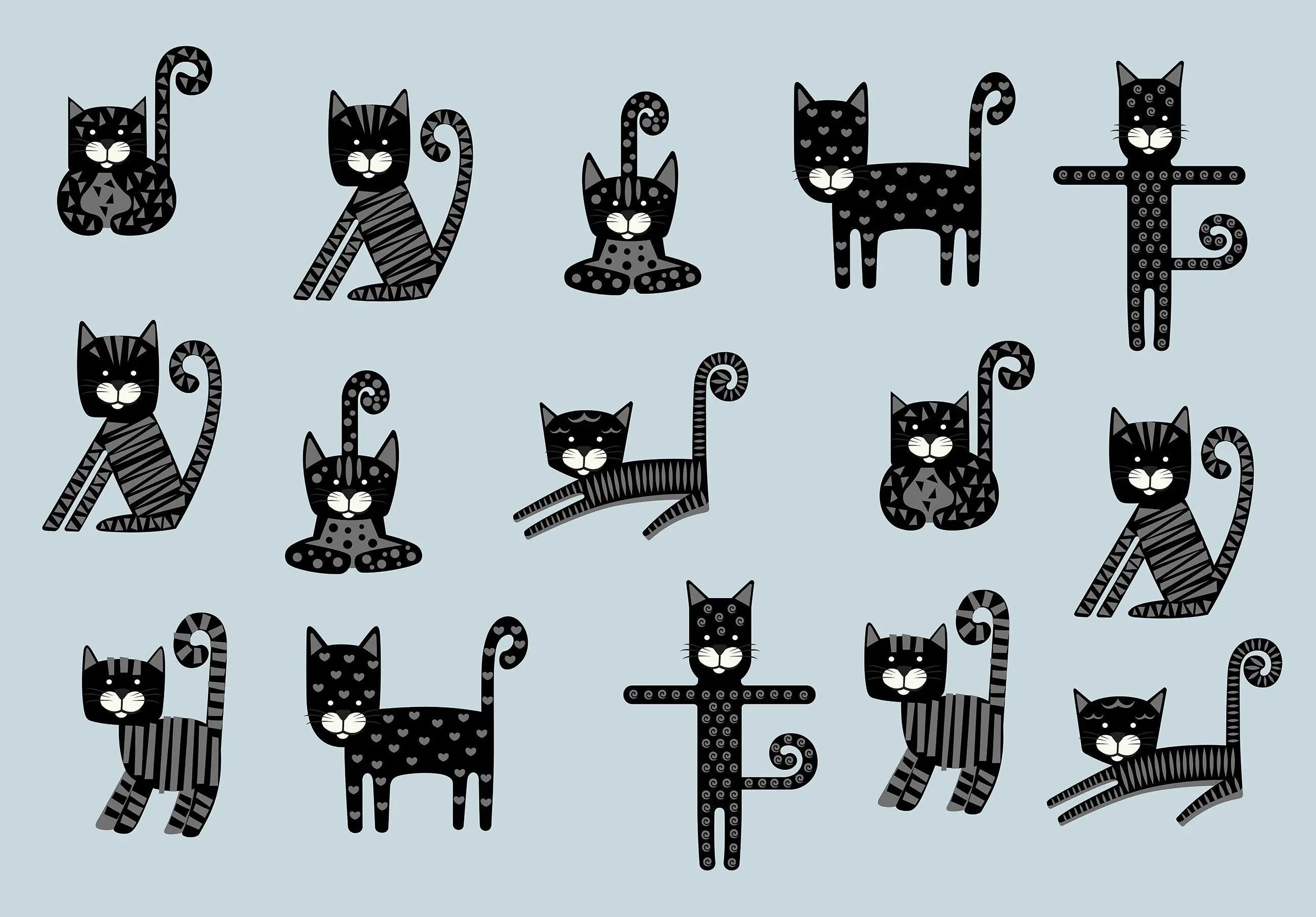 Billede 7 af Fototapet - Tegnefilm Sorte Katte i Mønster på Blå Baggrund