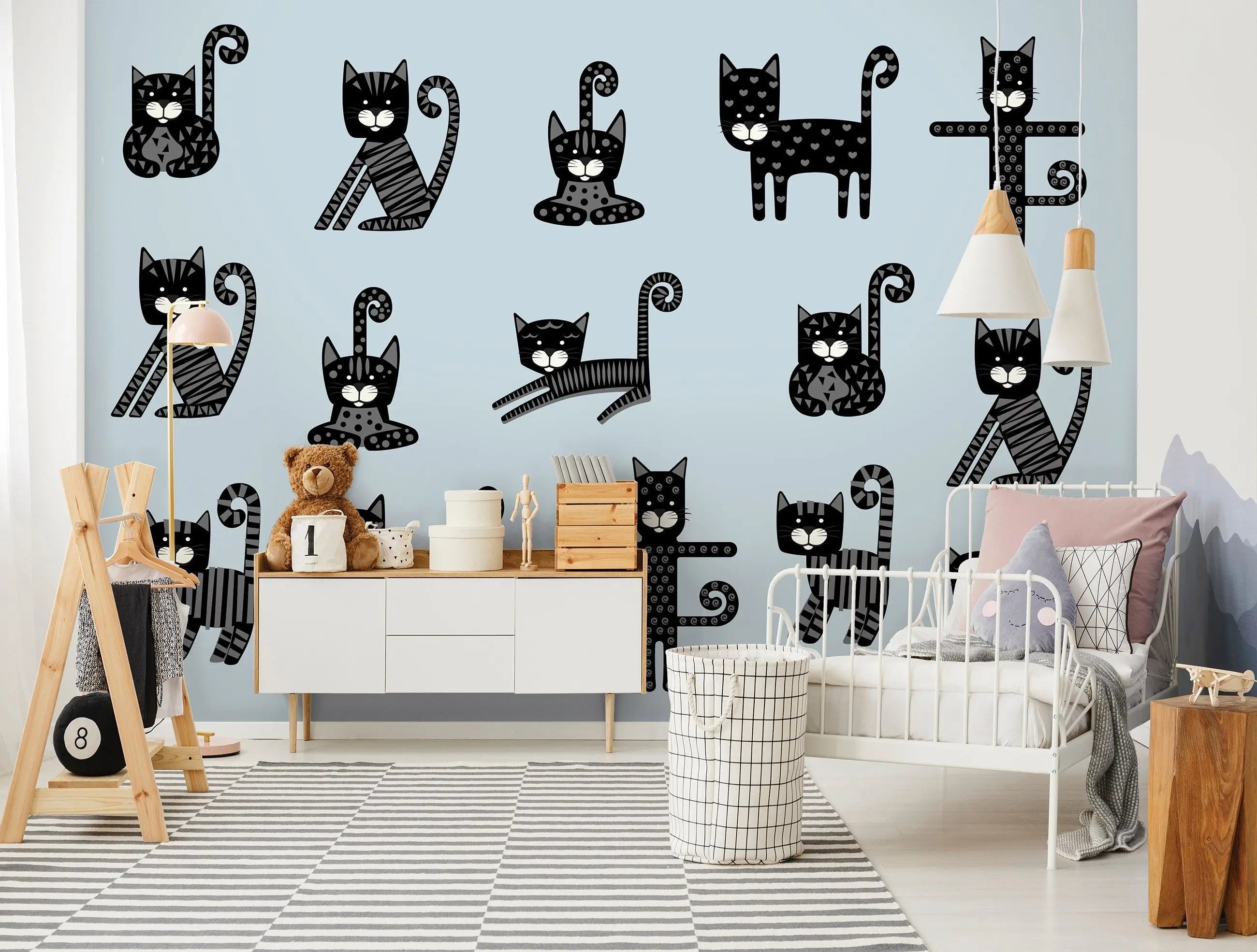 Billede 8 af Fototapet - Tegnefilm Sorte Katte i Mønster på Blå Baggrund