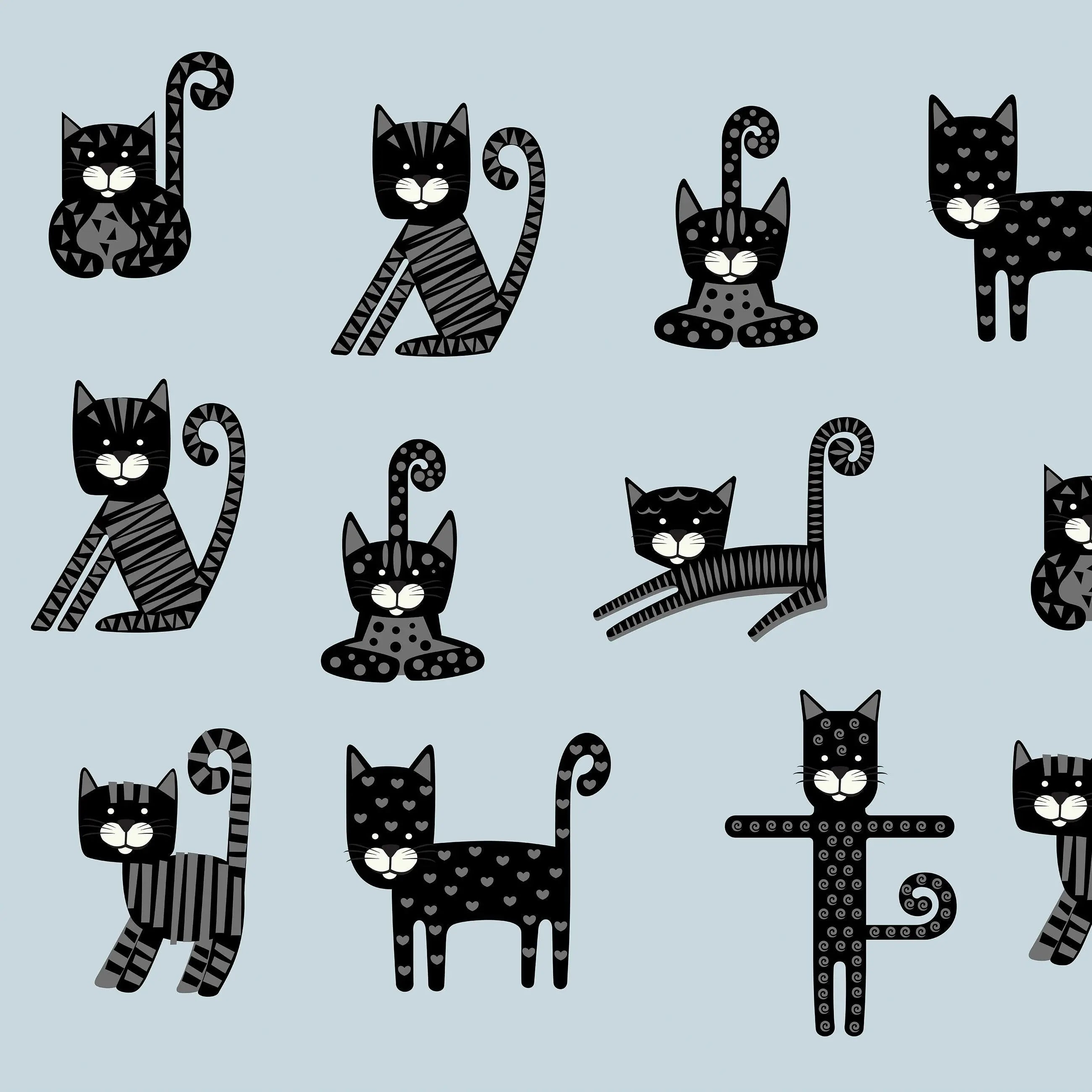 Billede 9 af Fototapet - Tegnefilm Sorte Katte i Mønster på Blå Baggrund