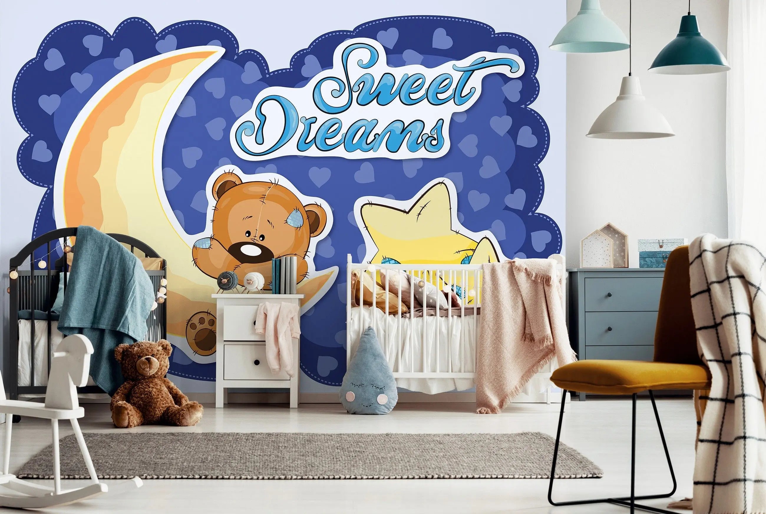 Billede 4 af Fototapet - Tegneseriebamse sover på måne med stjerner og teksten Sweet Dreams