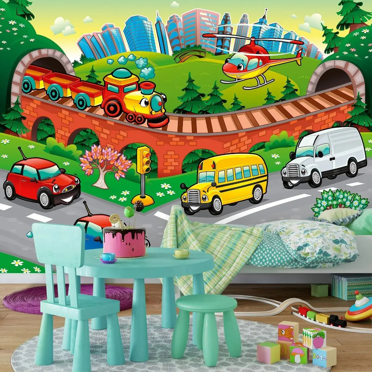 Billede 2 af Fototapet - Tegneserieby med biler, tog og helikoptere