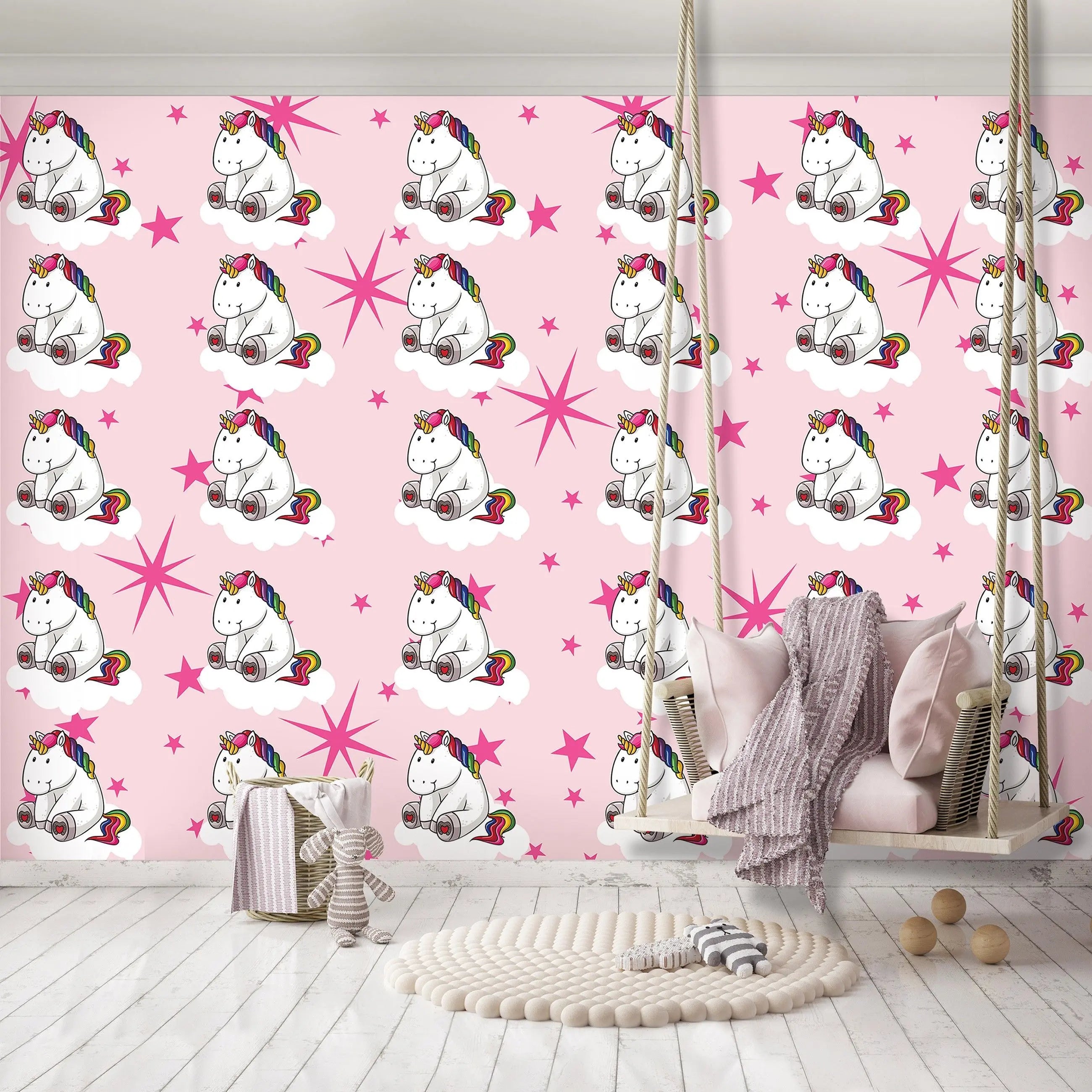 Billede 8 af Fototapet - Tegneserieenhjørninger på skyer og lyserød baggrund