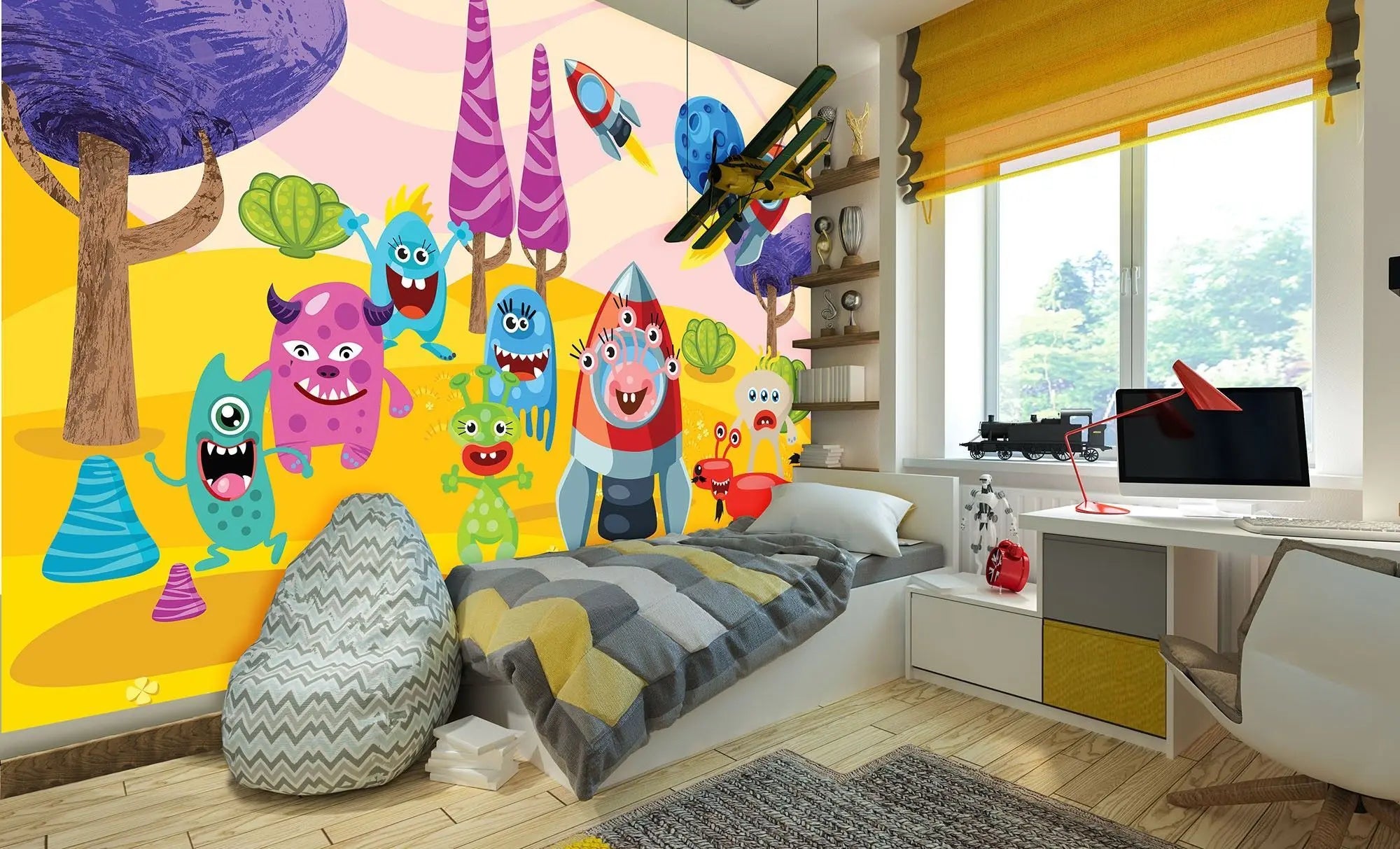 Billede 2 af Fototapet - Tegneseriemonstre med raketter på gul overflade