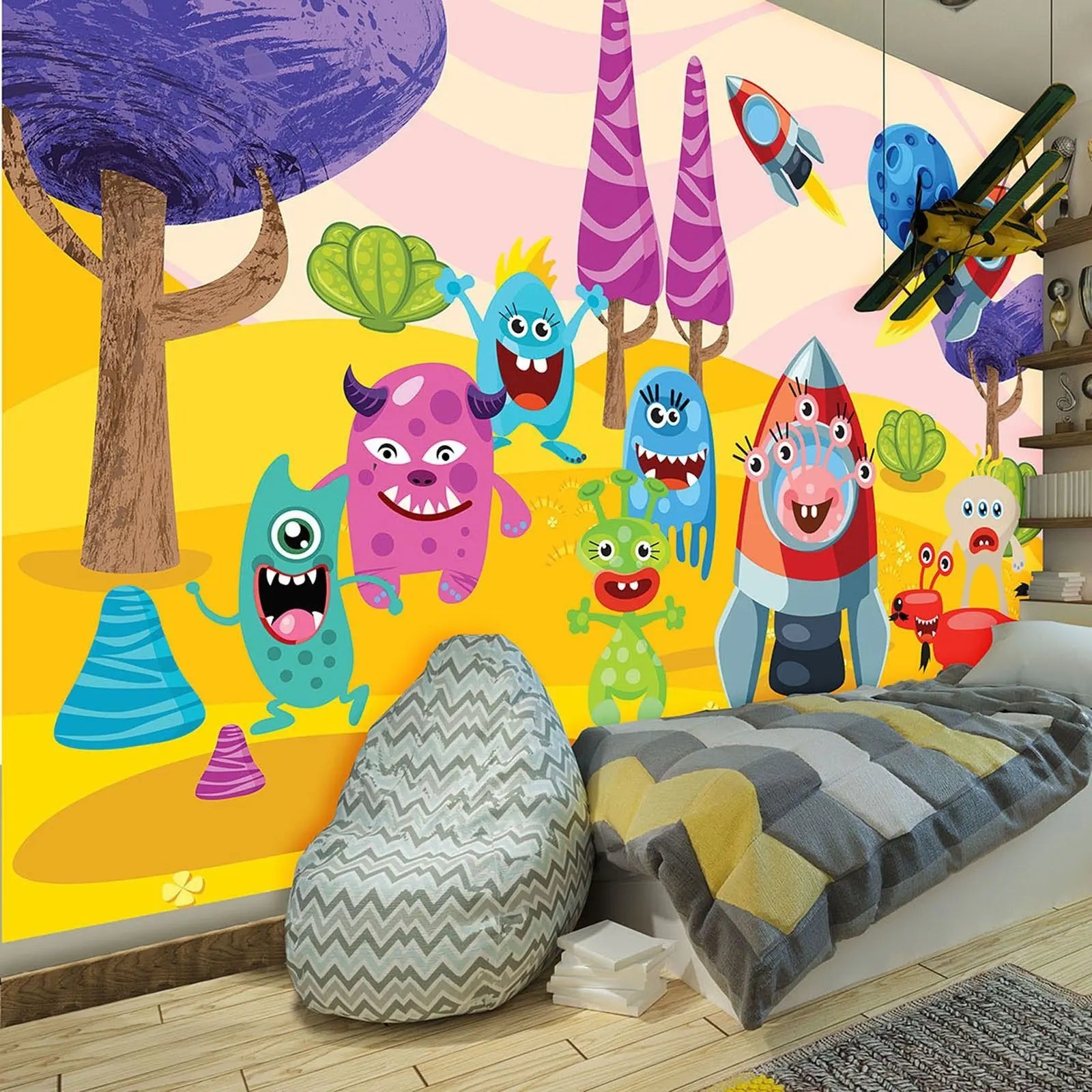 Billede 3 af Fototapet - Tegneseriemonstre med raketter på gul overflade