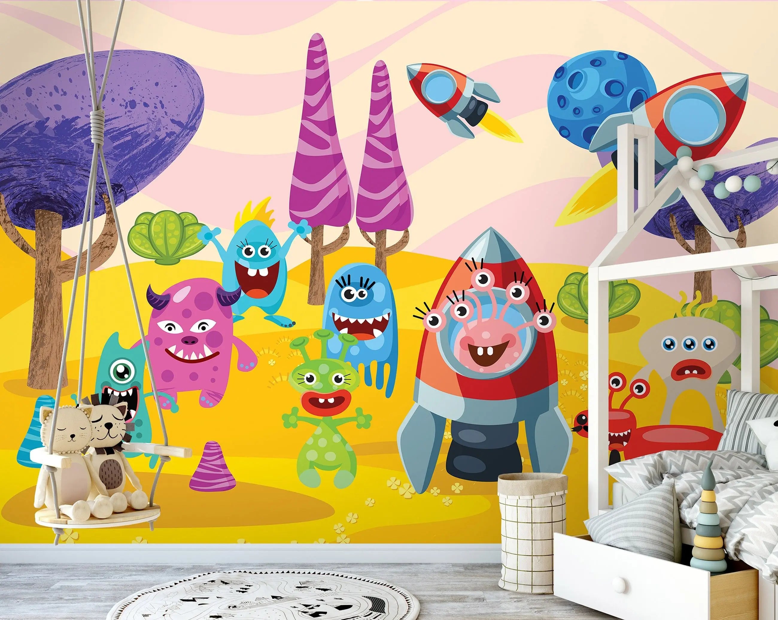 Billede 6 af Fototapet - Tegneseriemonstre med raketter på gul overflade