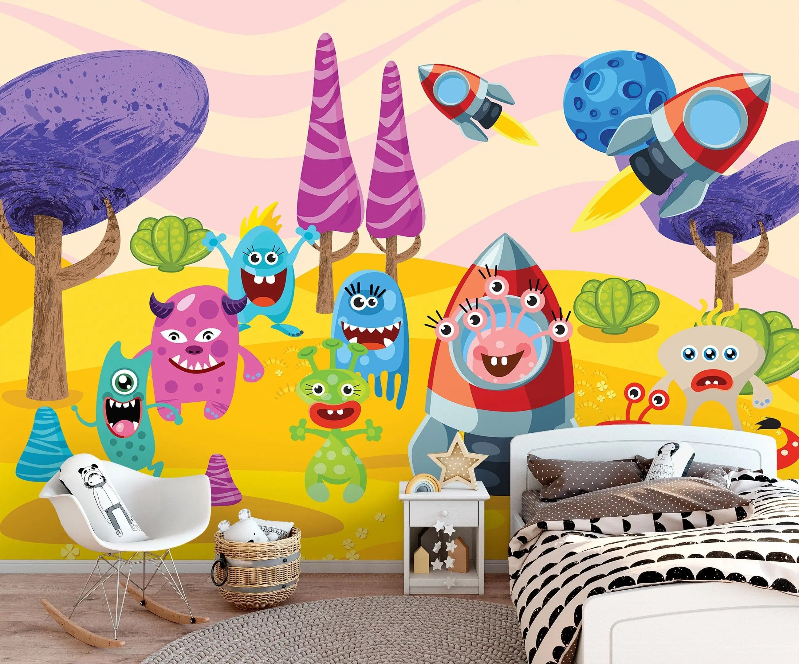 Billede 7 af Fototapet - Tegneseriemonstre med raketter på gul overflade