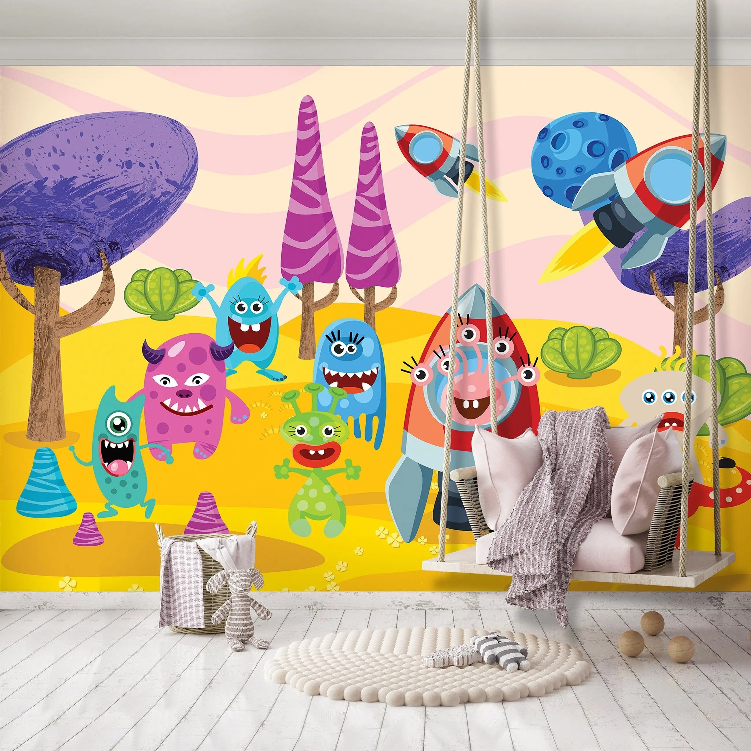 Billede 8 af Fototapet - Tegneseriemonstre med raketter på gul overflade