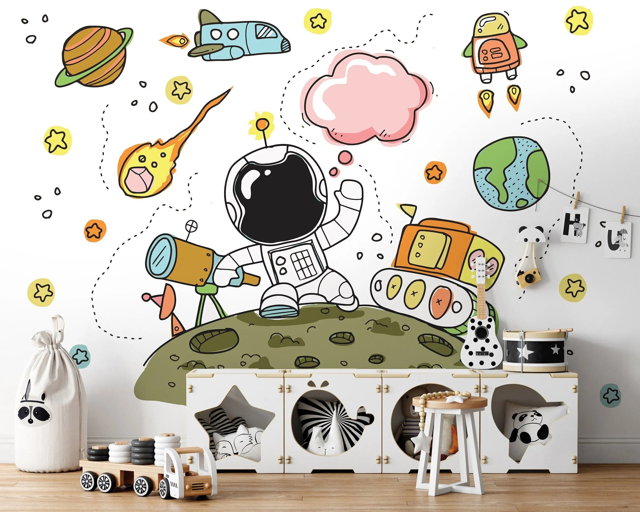 Billede 3 af Fototapet - Tegnet astronaut på grøn planet med teleskop og rumskib