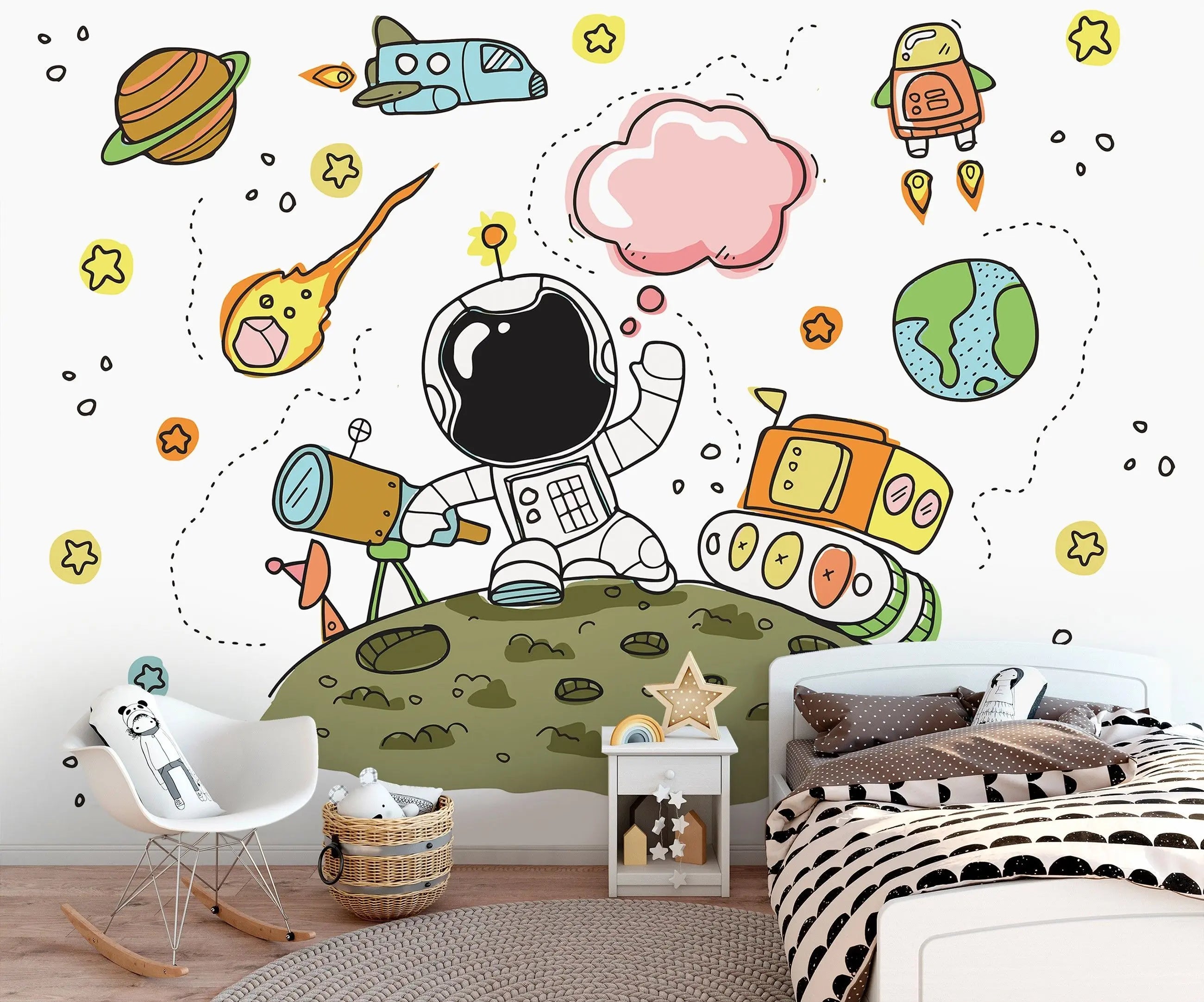 Billede 4 af Fototapet - Tegnet astronaut på grøn planet med teleskop og rumskib