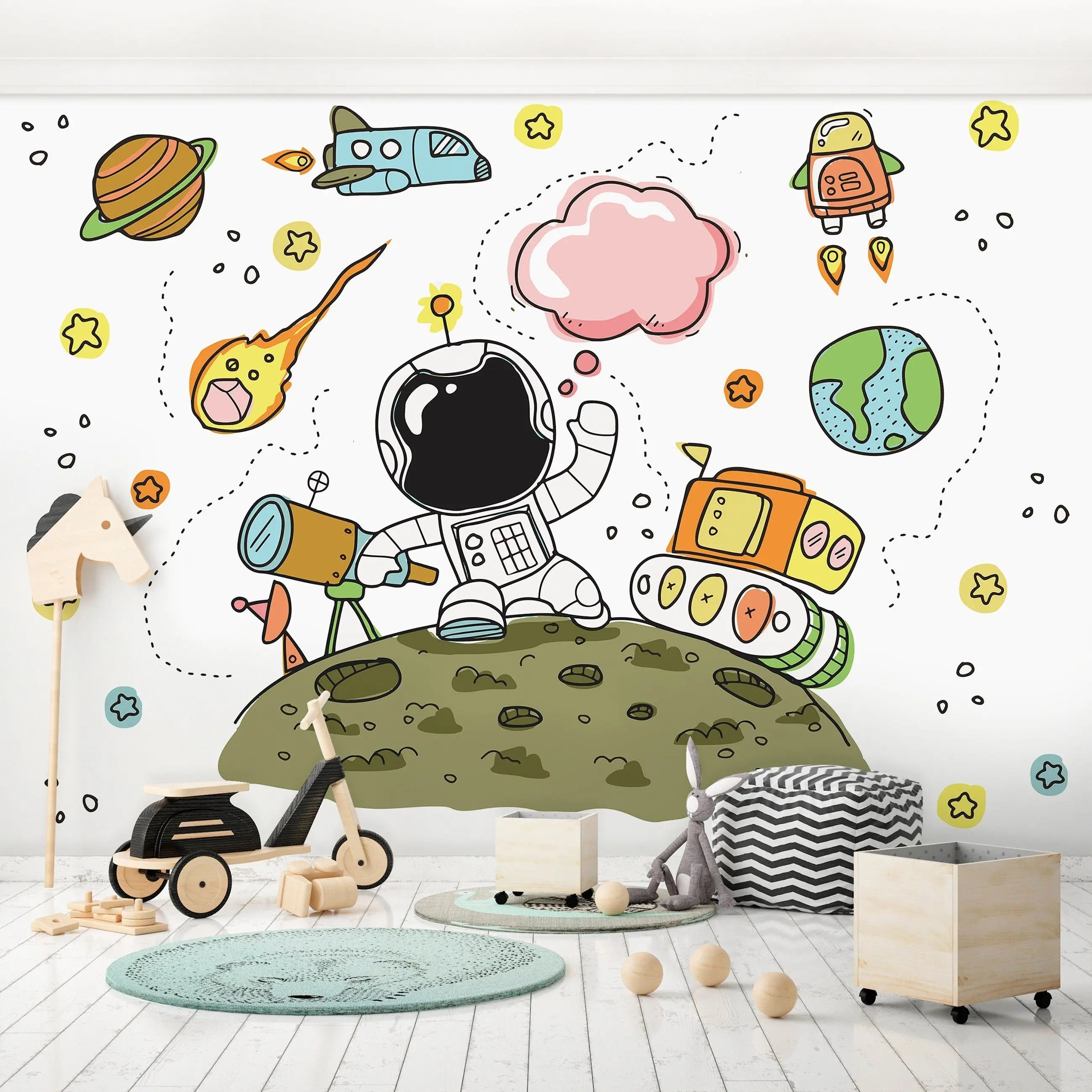 Billede 6 af Fototapet - Tegnet astronaut på grøn planet med teleskop og rumskib