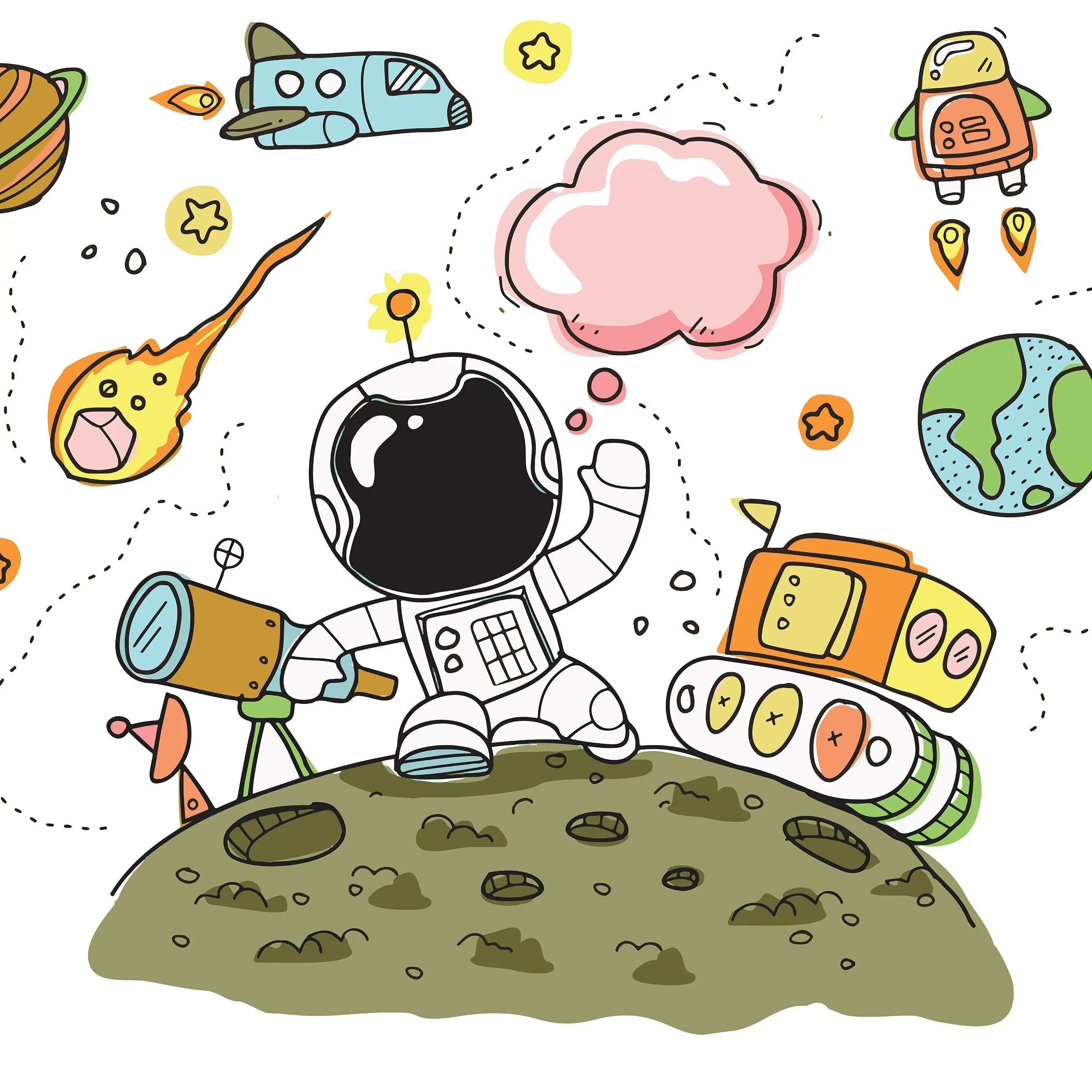 Billede 8 af Fototapet - Tegnet astronaut på grøn planet med teleskop og rumskib