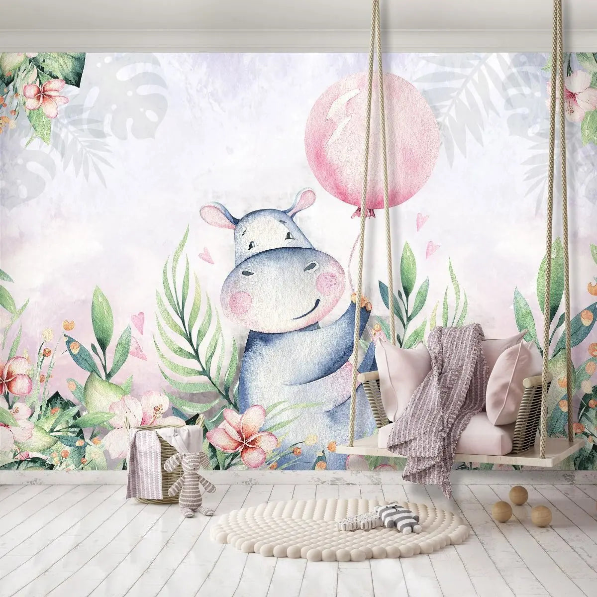 Billede 5 af Fototapet - Tegnet flodhest med lyserød ballon og blomster