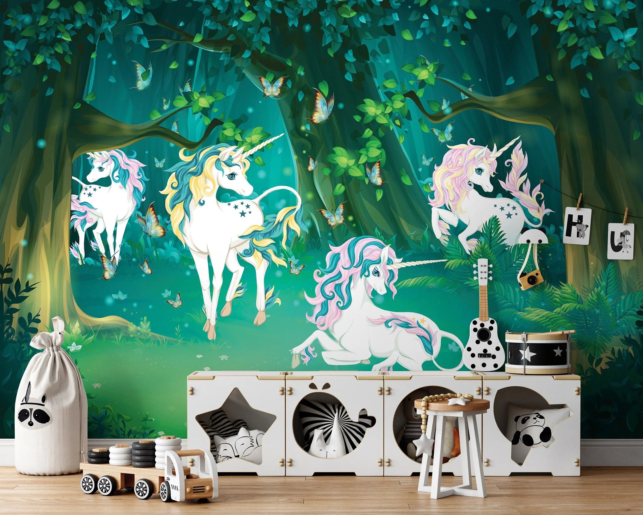 Billede 4 af Fototapet - Tegning af enhjørninger i skoven