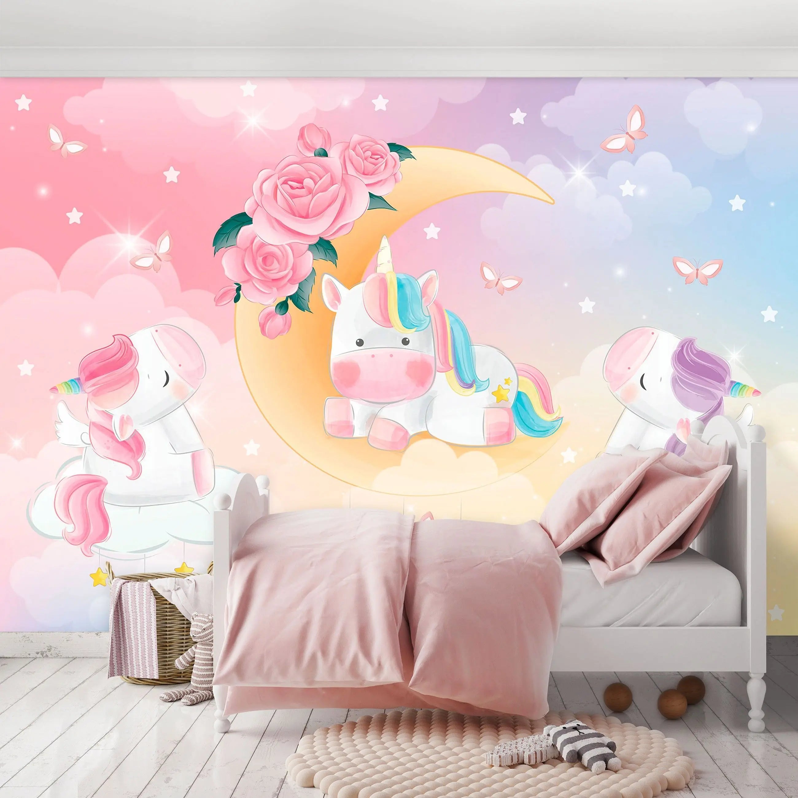 Billede 6 af Fototapet - Tegning af enhjørninger på skyer med blomster og måne