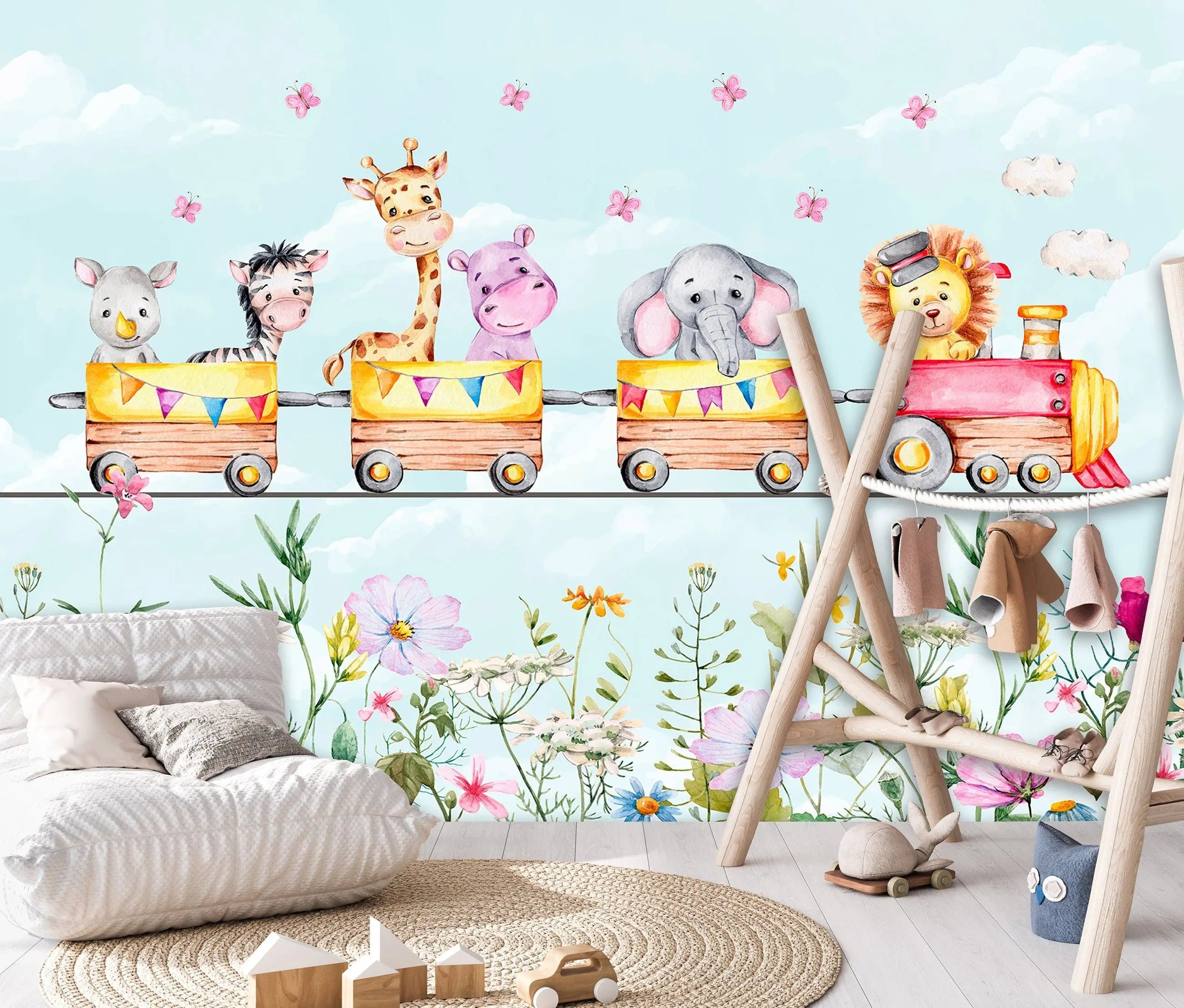 Billede 5 af Fototapet - Tegning af legetøjstog med dyrefigurer og blomster