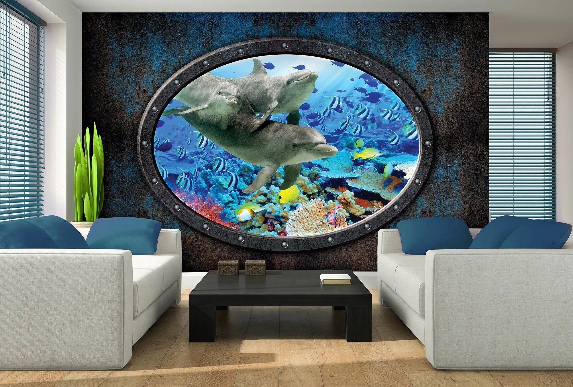 Billede 2 af Fototapet - To delfiner under vandet set gennem skibsvinduet