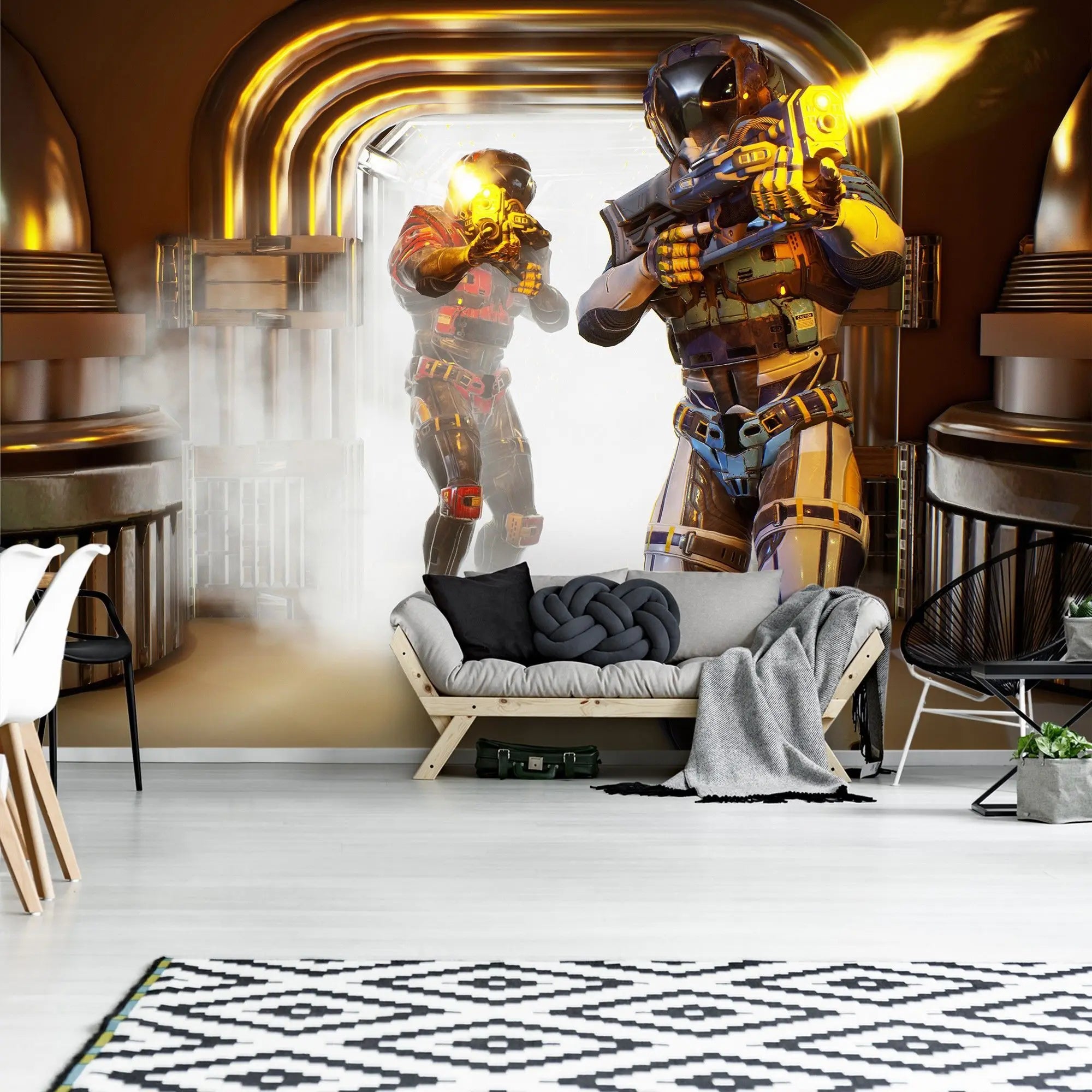 Billede 10 af Fototapet - To futuristiske soldater i rustning med skydevåben i metalgang